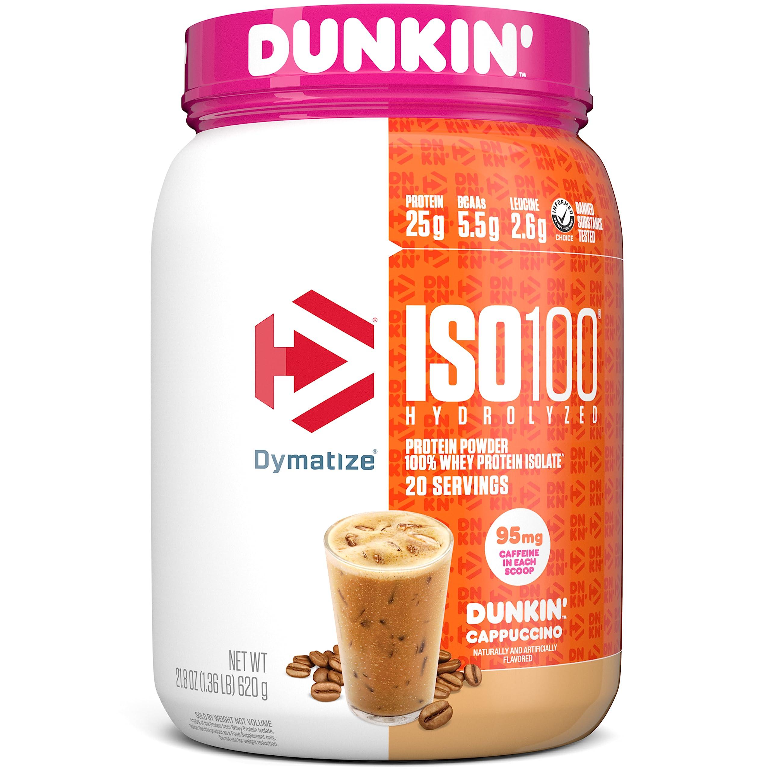 Dymatize Dymatize ISO100 Hydrolyzed Protein Powder, 100% Whey Isolate, Dunkin\' Glazed Donut Flavor, 20 Servings & ISO100 Hydrolyzed 100% Whey Isolate Protein Powder in Dunkin\' Cappuccino Flavor