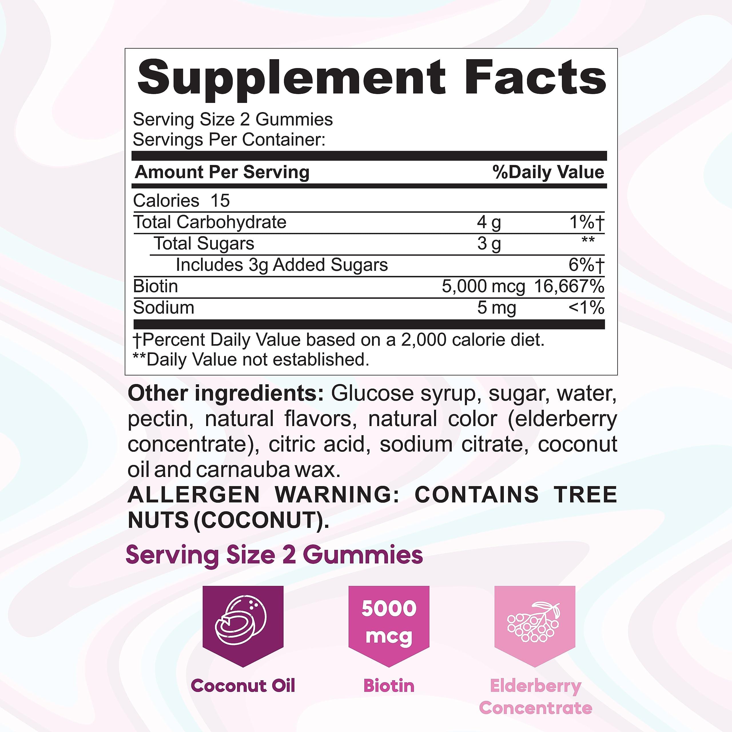 Kaitamin Kaitamin Biotin Vitamin B7 Gummies for Hair Skin & Nails - 5000 mcg per Serving - with Elderberry and Coconut Oil, 60 Strawberry Flavored Gummies - All Natural, Gluten-Free & Vegetarian (Pack of 1)