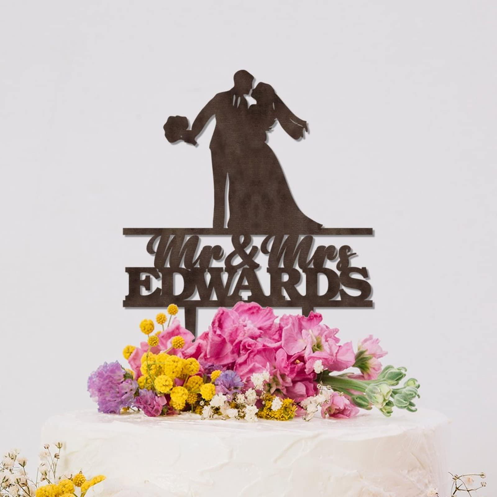 YJHLBHDIAN Engagement Cake Toppers Decorations Personalized Mr & Mrs Cake Topper Bride and Groom Silhouette Rustic Cake Topper Personalized Couple Last Name Cake Topper Brown Wood Cake Toppers