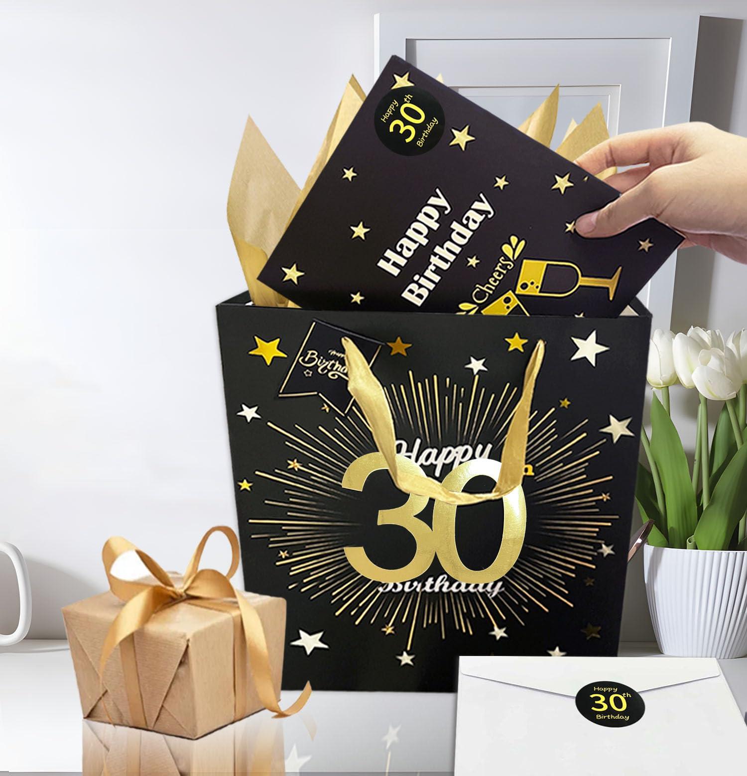 Yitla Yitla 30th birthday gift bag for men,13\" Black Happy 30th Birthday Gift Bag with Card and Tissue Paper for Men Women 30th Birthday Party Supplies (30th Happy Birthday)