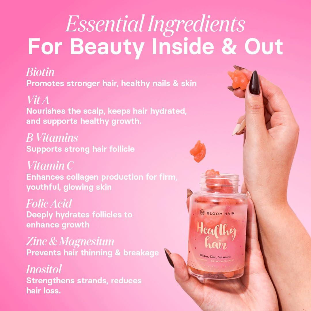 Bloom Hair Bloom Hair Gummies Hair Vitamins for Faster Hair Growth - Hair Skin and Nails Vitamins & Biotin Vitamins for Rapid Hair Growth - Hair Growth Supplement for Women & Biotin Gummies for Hair Growth
