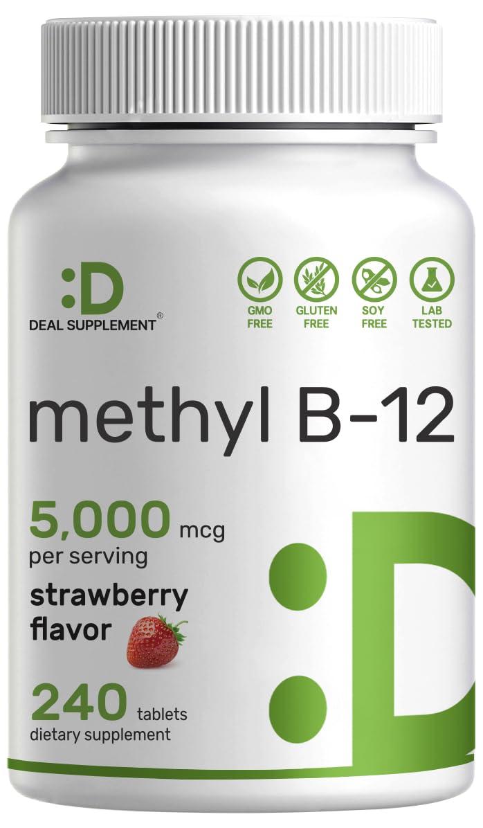 DEAL SUPPLEMENT DEAL SUPPLEMENT Methyl B-12 Vitamins 5000 mcg, 240 Chewable Tablets | Active Form - Strawberry Flavored - Energy Support & Brain Health Function - Vegetarian & GMO Free