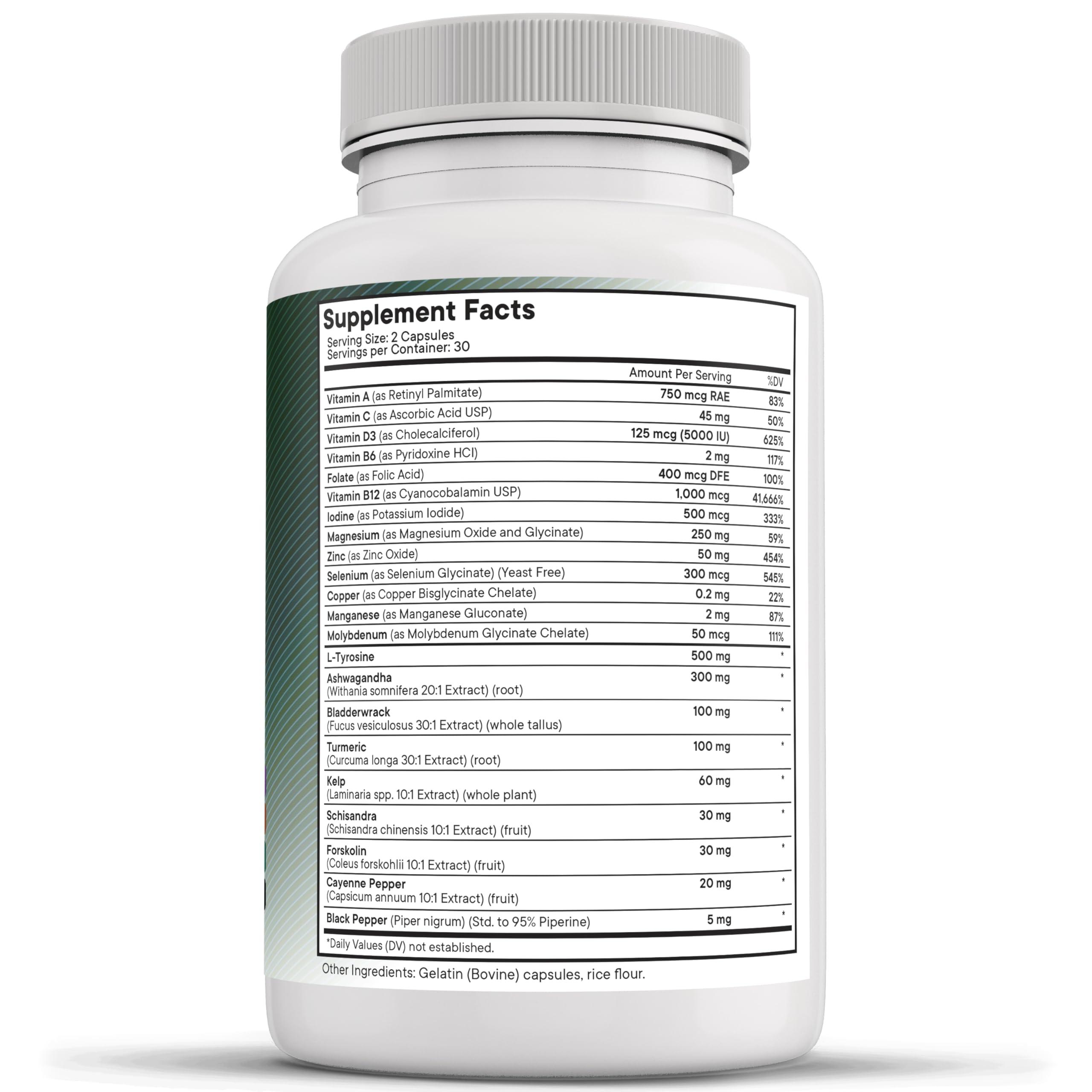 NEW AGE Selenium, Zinc, Iodine, L Tyrosine, Ashwagandha - Thyroid Support Supplement for Women and Men with Bladderwrack, Turmeric, Silica Kelp, Schisandra - 60 Count