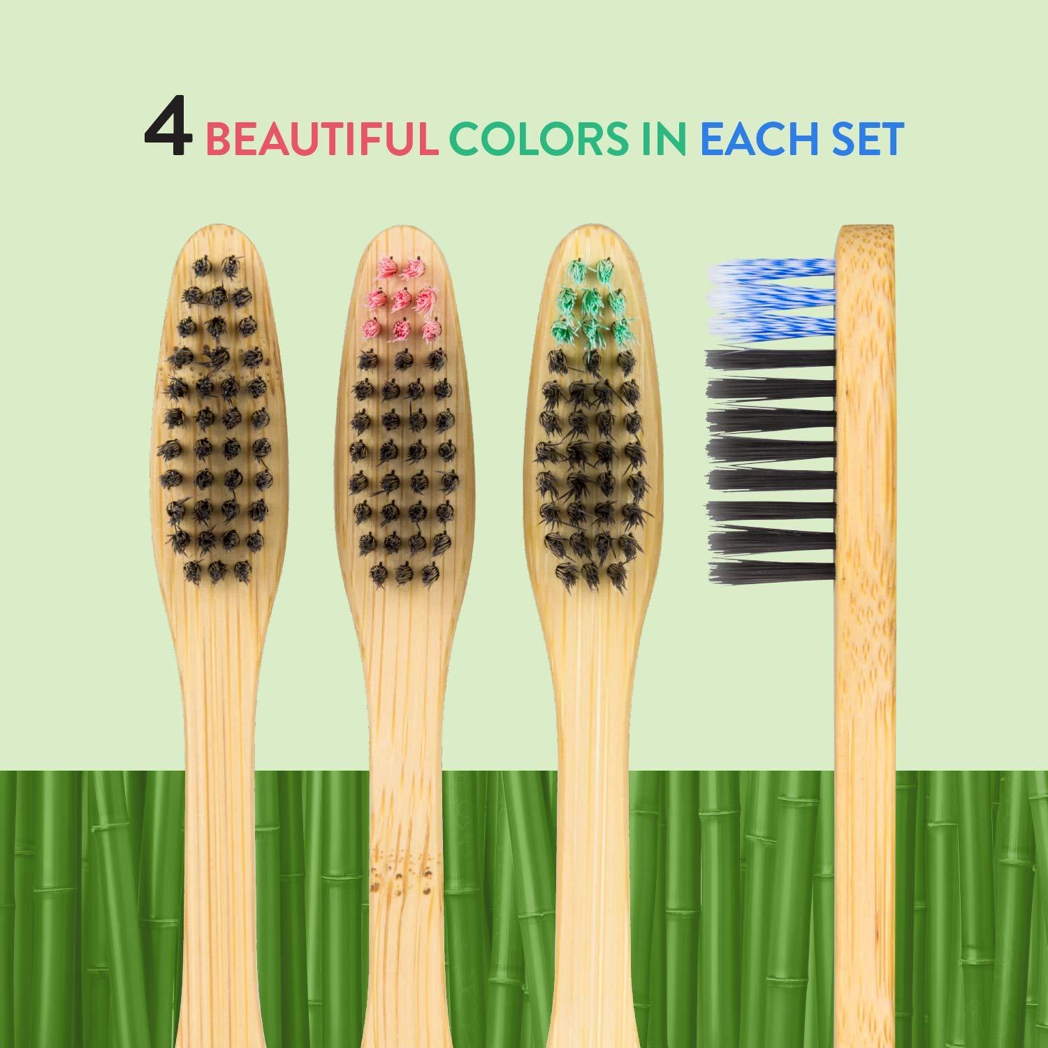 Lindo Lindo EcoGrip Charcoal Infused Bamboo Toothbrush - Soft German Made Fiber Bristles, Organic, Biodegradable and 100% Recyclable, Multi-Colored - Pack of 4