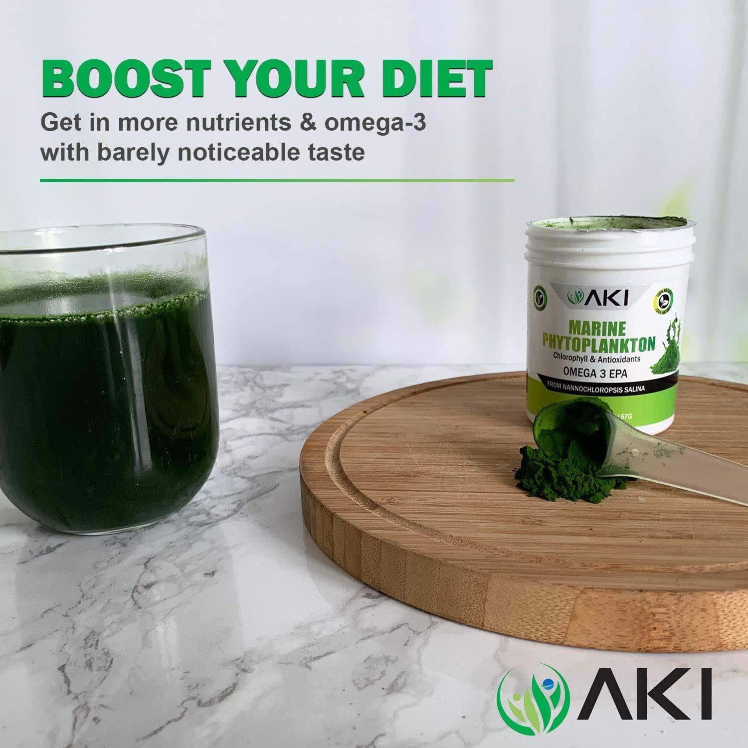 AKI ORGANIC AKI Marine Phytoplankton Powder | Source of Raw Omega-3 EPA Micro Algae Nannochloropsis - Plant Based Proteins, Vitamins for Overall Wellness | Complete Protein Source, Vegan & GMO Free (2 Oz / 57G)