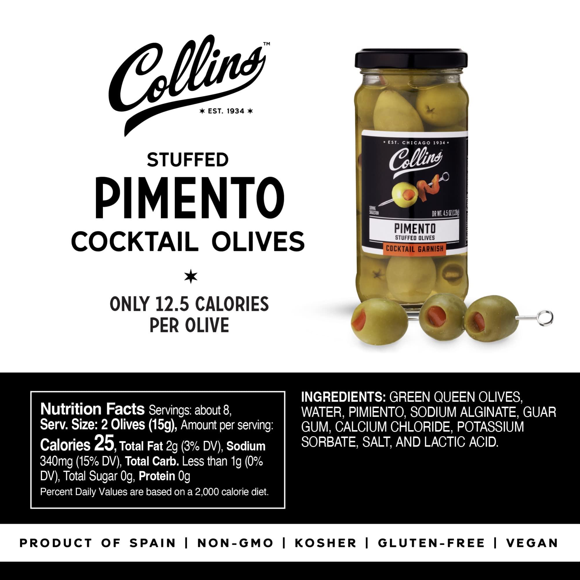 Collins Collins Pimento Stuffed Olives - Gourmet Cocktail Olives - Spanish Queen Olives with Pimento Pepper, Dirty Martini cocktail and Condiment Olives 4.5oz