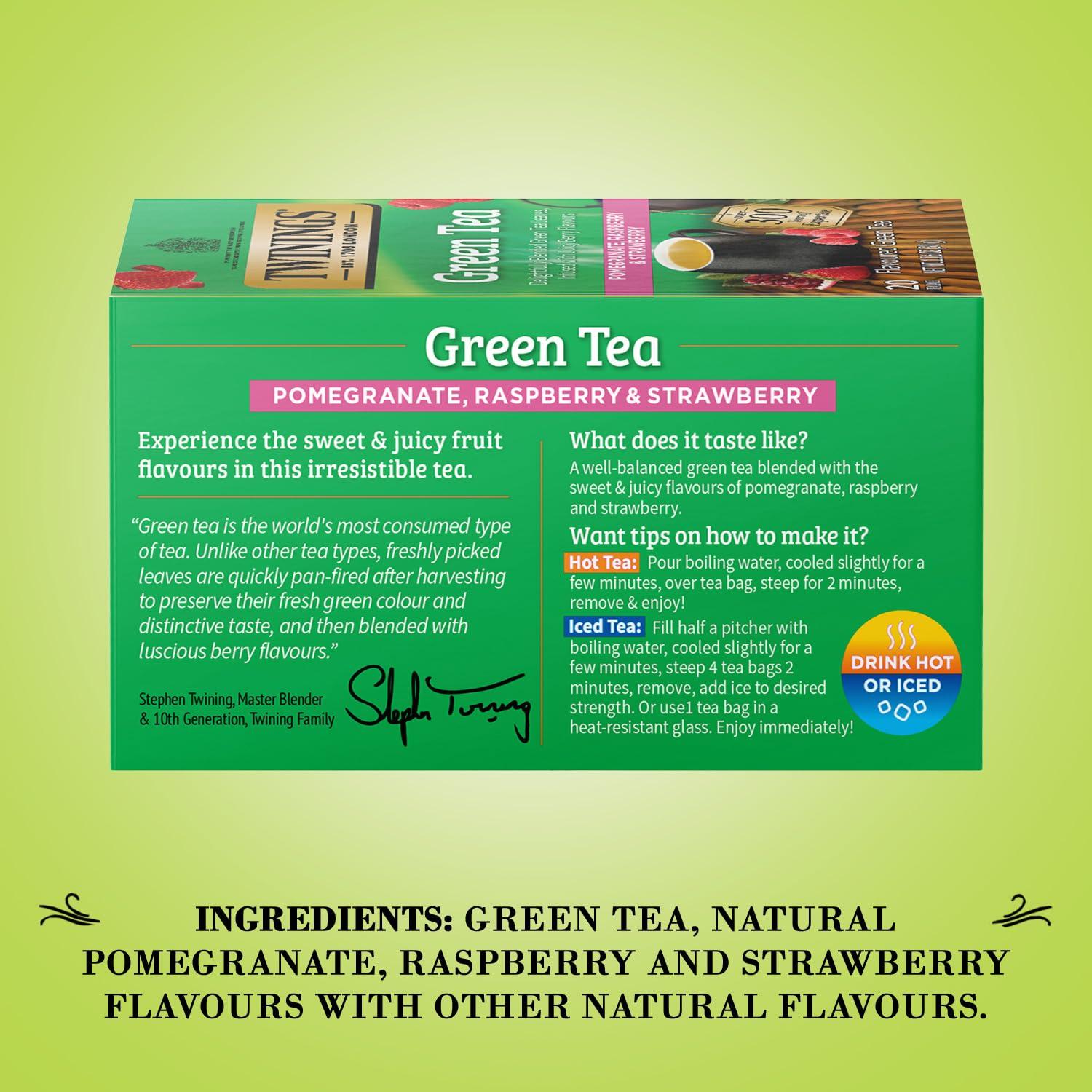 Twinings Twinings Green Tea with Pomegranate, Raspberry, and Strawberry - Caffeinated Green Tea Bags Individually Wrapped, 20 Count (Pack of 2)