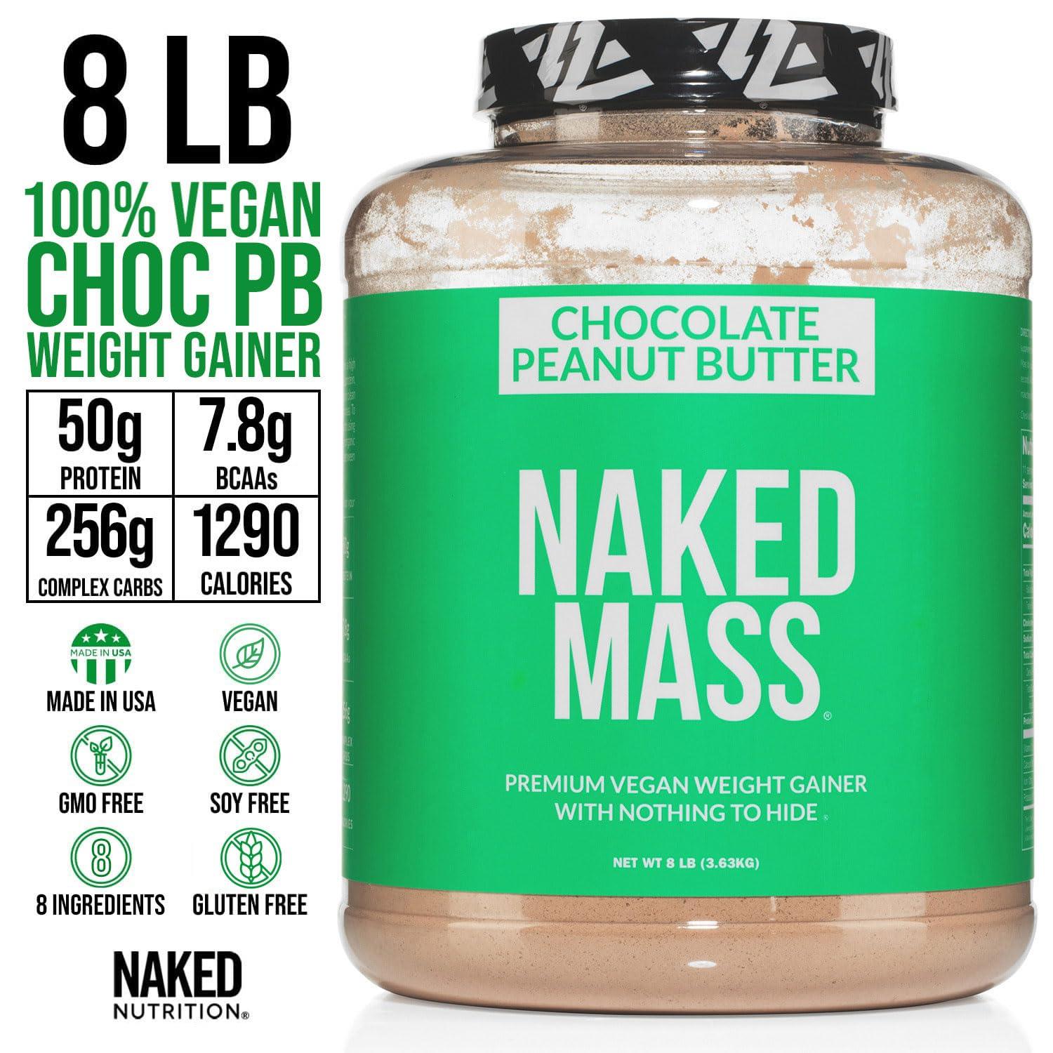 NAKED NAKED Chocolate Peanut Butter Vegan Mass - 1,290 Calories, Nothing Artificial, All Natural Chocolate PB Weight Gainer Protein Powder - 8LB Bulk, GMO Free, Gluten Free & Soy Free - 11 Servings