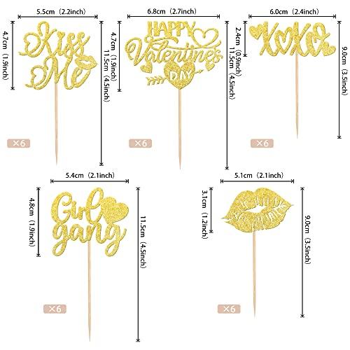 ZHUOWEISM 30 PCS Happy Valentine's Day Cupcake Toppers Glitter Lips Kiss Me Love heart Be Mine Cupcake Picks for Valentine's Day Theme Wedding Bridal Shower Birthday Party Cake Decorations Supplies Gold