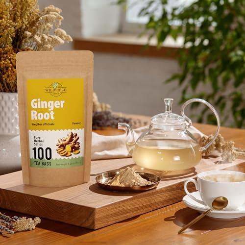 WILDFIELD HERBS 100 Ginger Tea Bags Ginger Root Tea Dry Dried Herb (Zingiber officinale) - 100 Count 1.5g Tea Bags Ginger Raz de jengibre