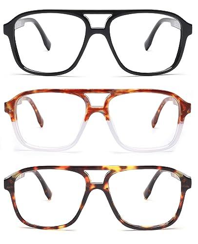 JM JM 3 Pack Oversized Aviator Reading Glasses for Women Men, Retro Square Blue Light Computer Readers +0.0