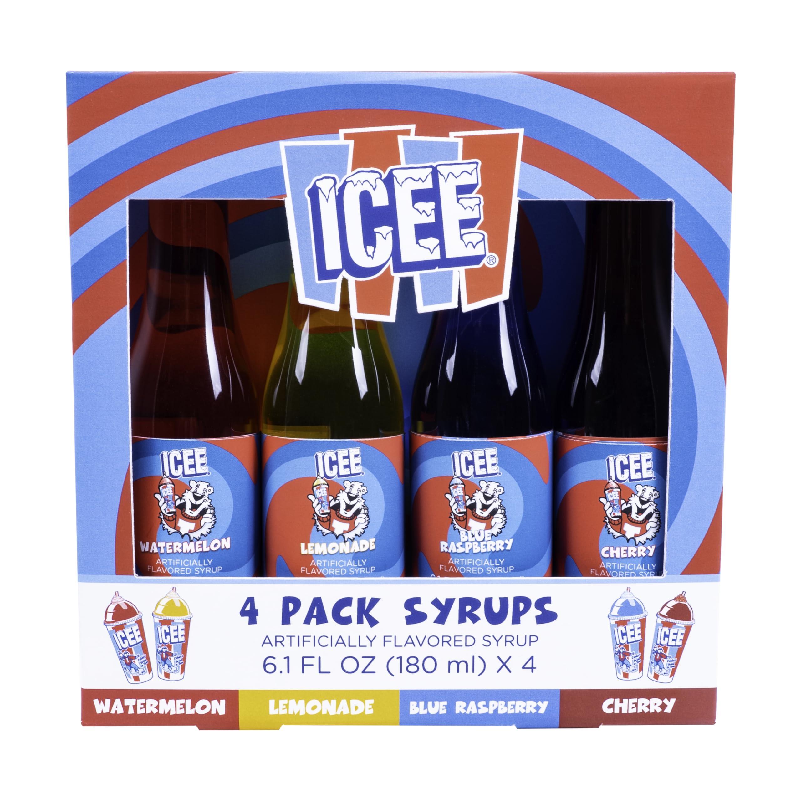 Fizz Creations ICEE 4 Pack Slushie Syrups. Genuine ICEE Slushy syrups including Watermelon, Lemonade, Blue Raspberry & Cherry Flavors. 4 x 6.1floz. Officially Licensed ICEE Merchandise from Fizz Creations.
