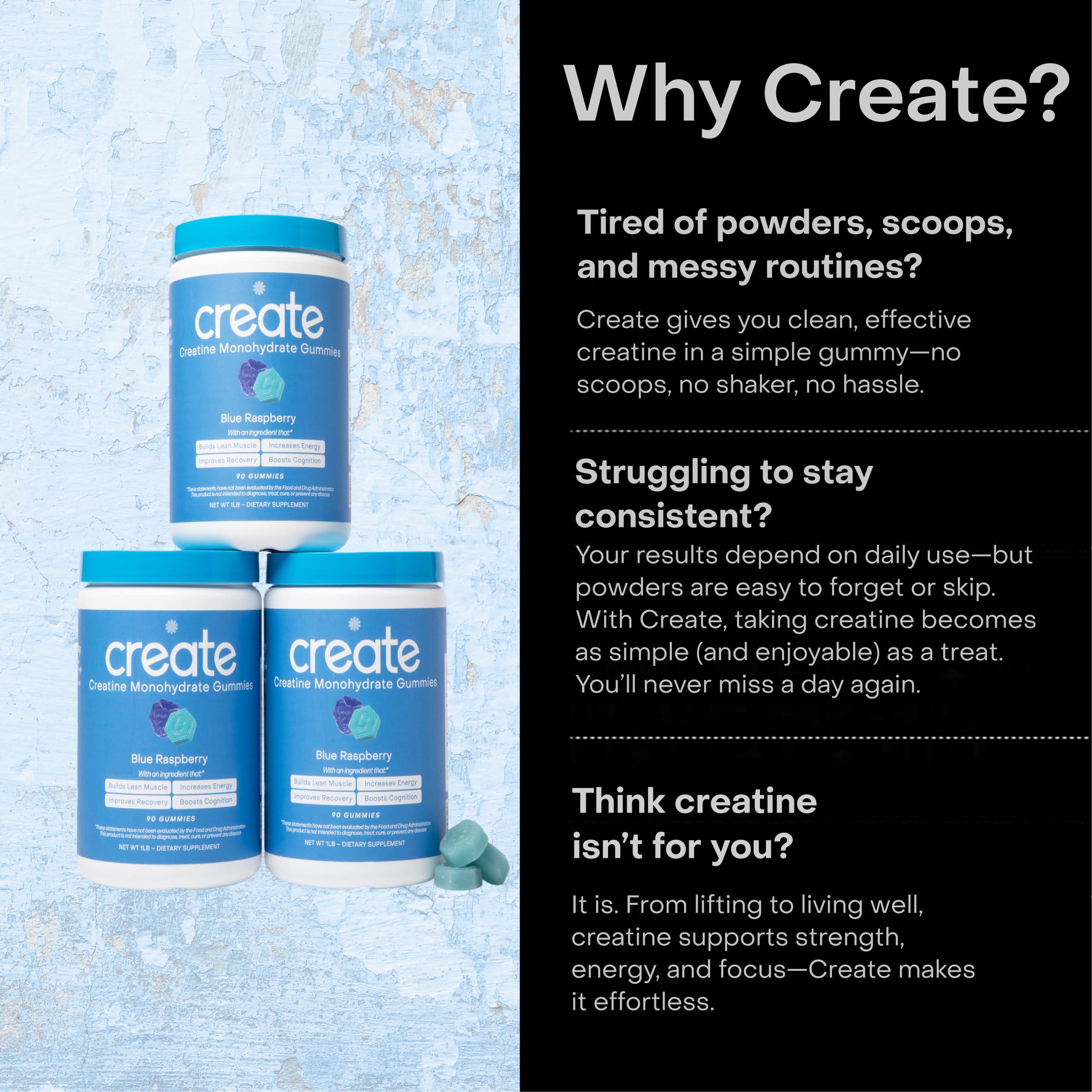 Create Create Creatine Monohydrate Gummies for Men & Women, Boost Focus, Strength, and Endurance, Anti-Melting Formula, Vegan, Gluten-Free, Non-GMO, 1.5g of Creatine per Gummy (Blue Raspberry, 90ct)
