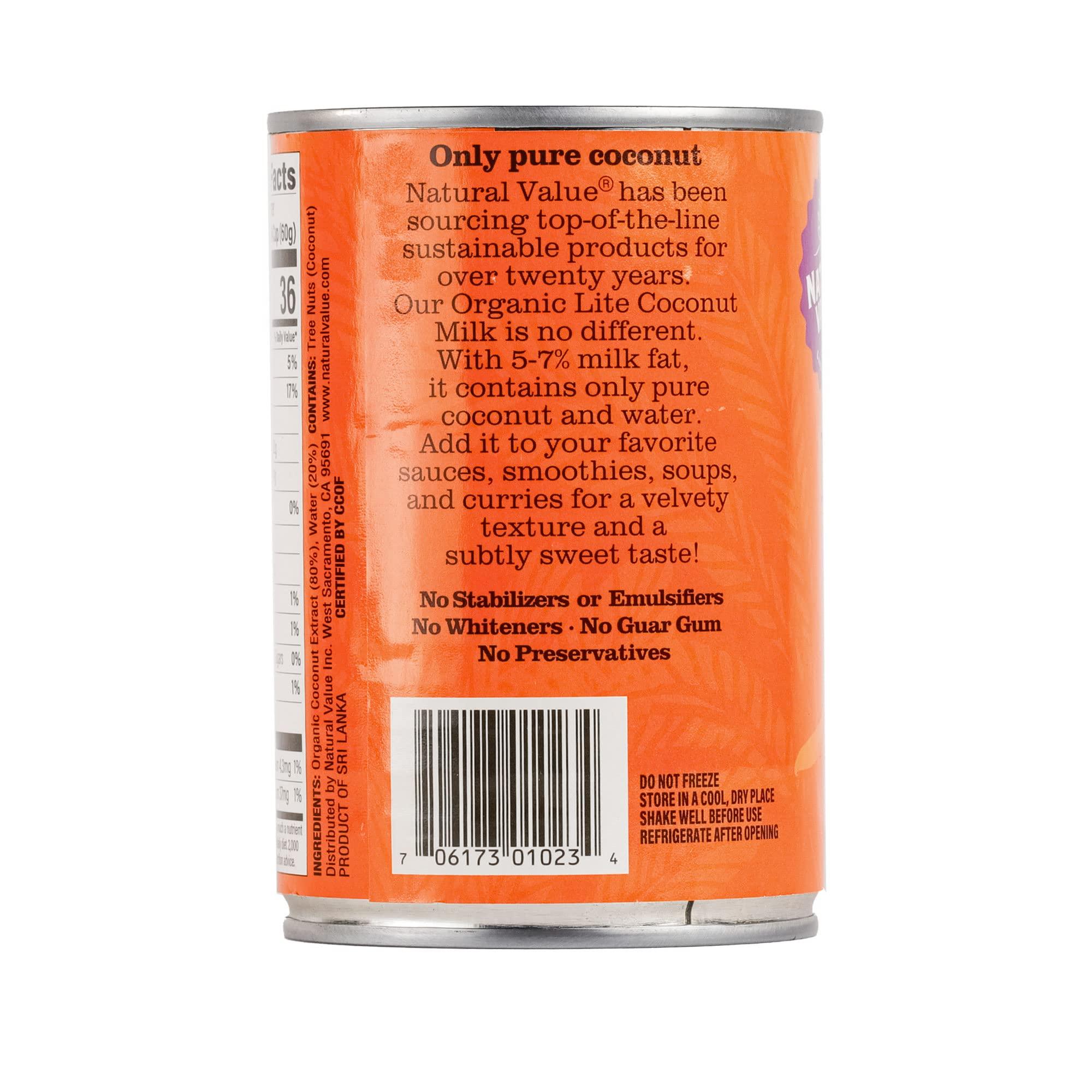 Natural Value Natural Value Coconut Milk, Organic, Lite 5-7% Milk Fat,13.5 oz (pack of 6) No added Guar Gum, Unsweetened, Gluten Free, Keto Friendly, Fairtrade, Vegan, Kosher, No Monkeys used in Harvesting