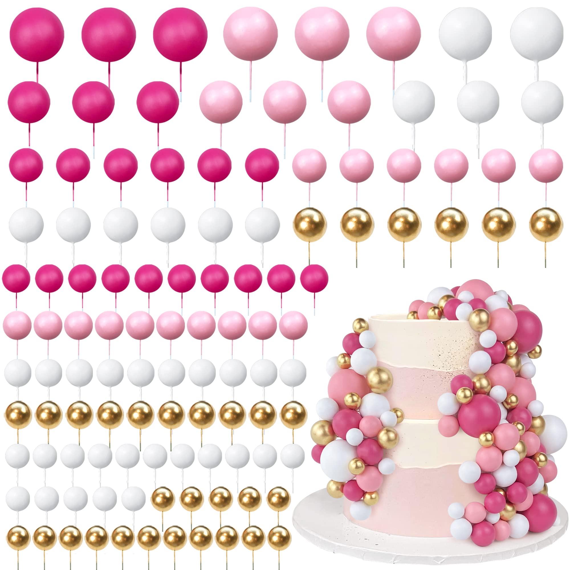 RASSLISA 113 PCS 5 Size Colorful Balls Cake Topper Foam Ball Cake Decorations Ball Shaped Cake Insert Topper for Birthday Baby Shower Wedding Decoration Supplies (Gold Pink White Hot Pink)