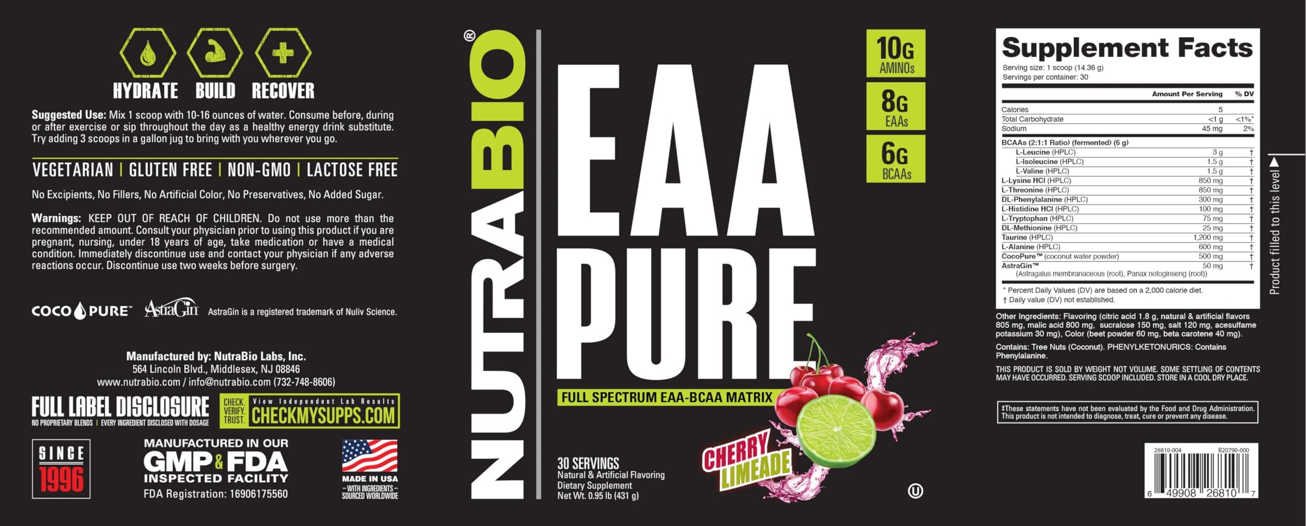 NutraBio NutraBio EAA Pure 9 Amino Acids Muscle Repair and Recovery, 30 Servings, Cherry Limeade Pre or Post Workout All Day Recovery