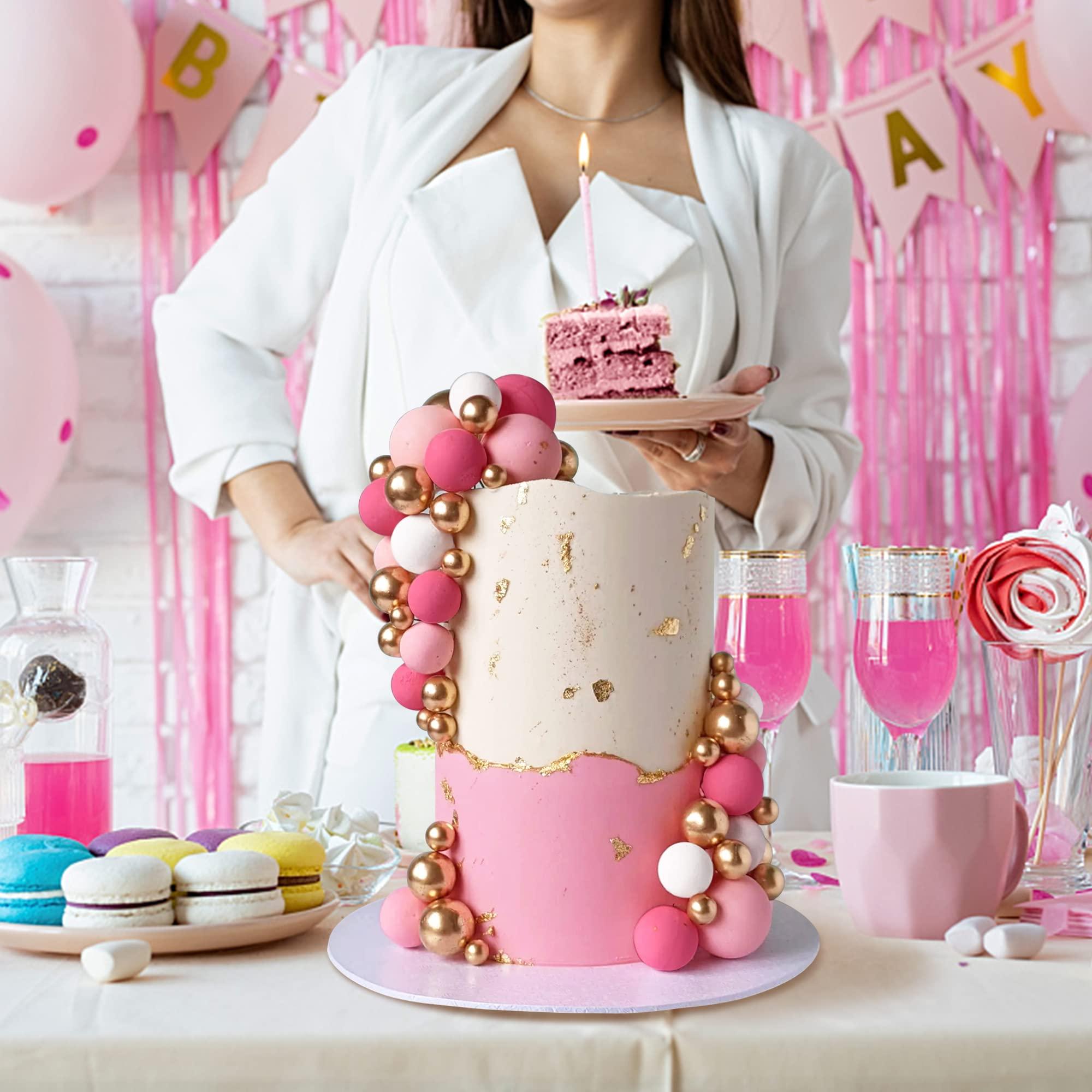 RASSLISA 113 PCS 5 Size Colorful Balls Cake Topper Foam Ball Cake Decorations Ball Shaped Cake Insert Topper for Birthday Baby Shower Wedding Decoration Supplies (Gold Pink White Hot Pink)