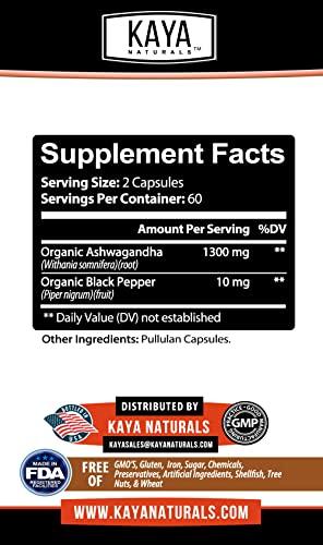 Kaya Naturals Kaya Naturals Organic Ashwagandha 1300mg, 120 Count Capsules for Stress Relief, Adrenal, Mood & Thyroid Support, Black Pepper and 100% Pure Ashwagandha -120 Capsules