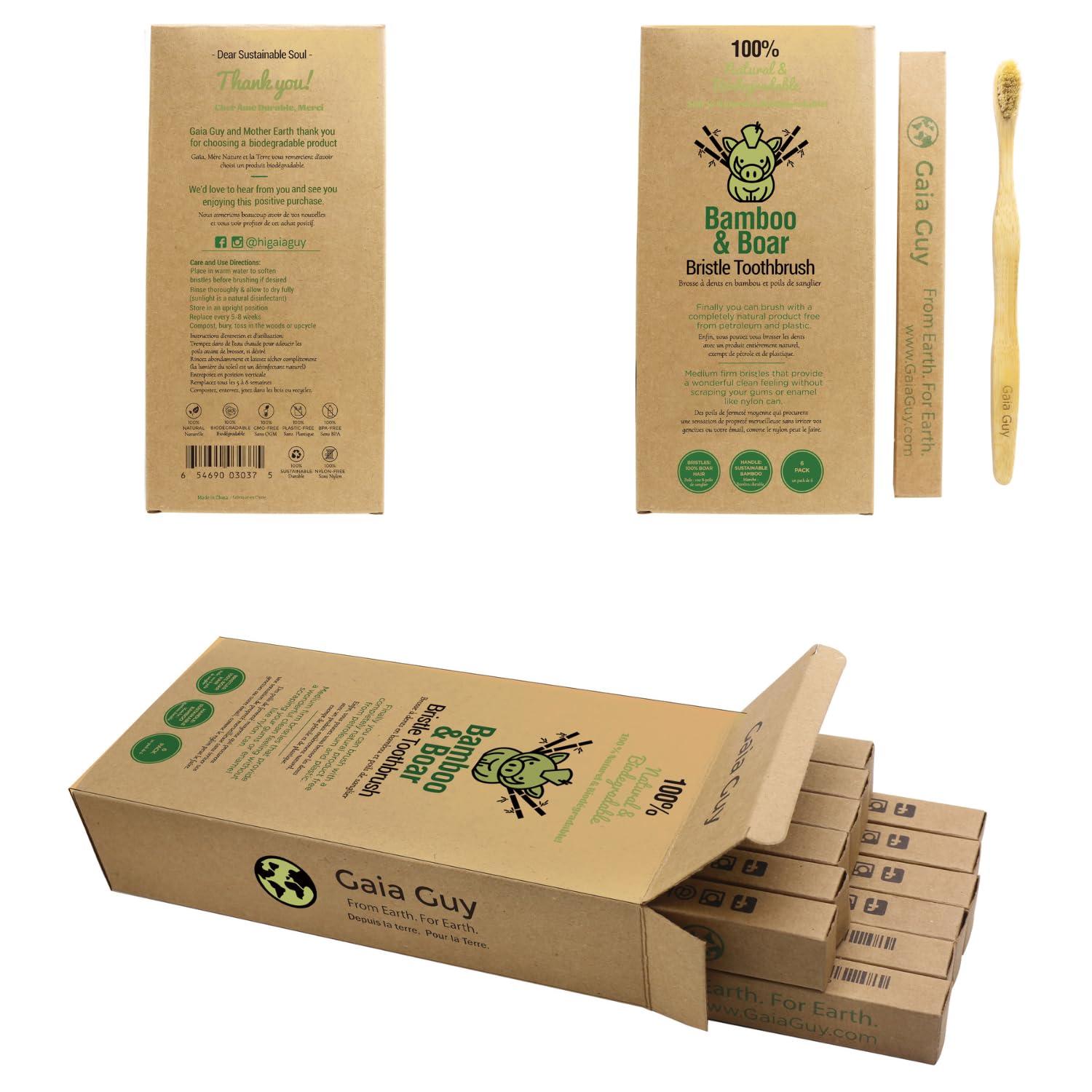Gaia Guy Gaia Guy Natural Bristle Bamboo Toothbrush with Boar Bristles - Totally Biodegradable and Compostable - No Nylon Toothbrushes - Zero Waste 12-Pack