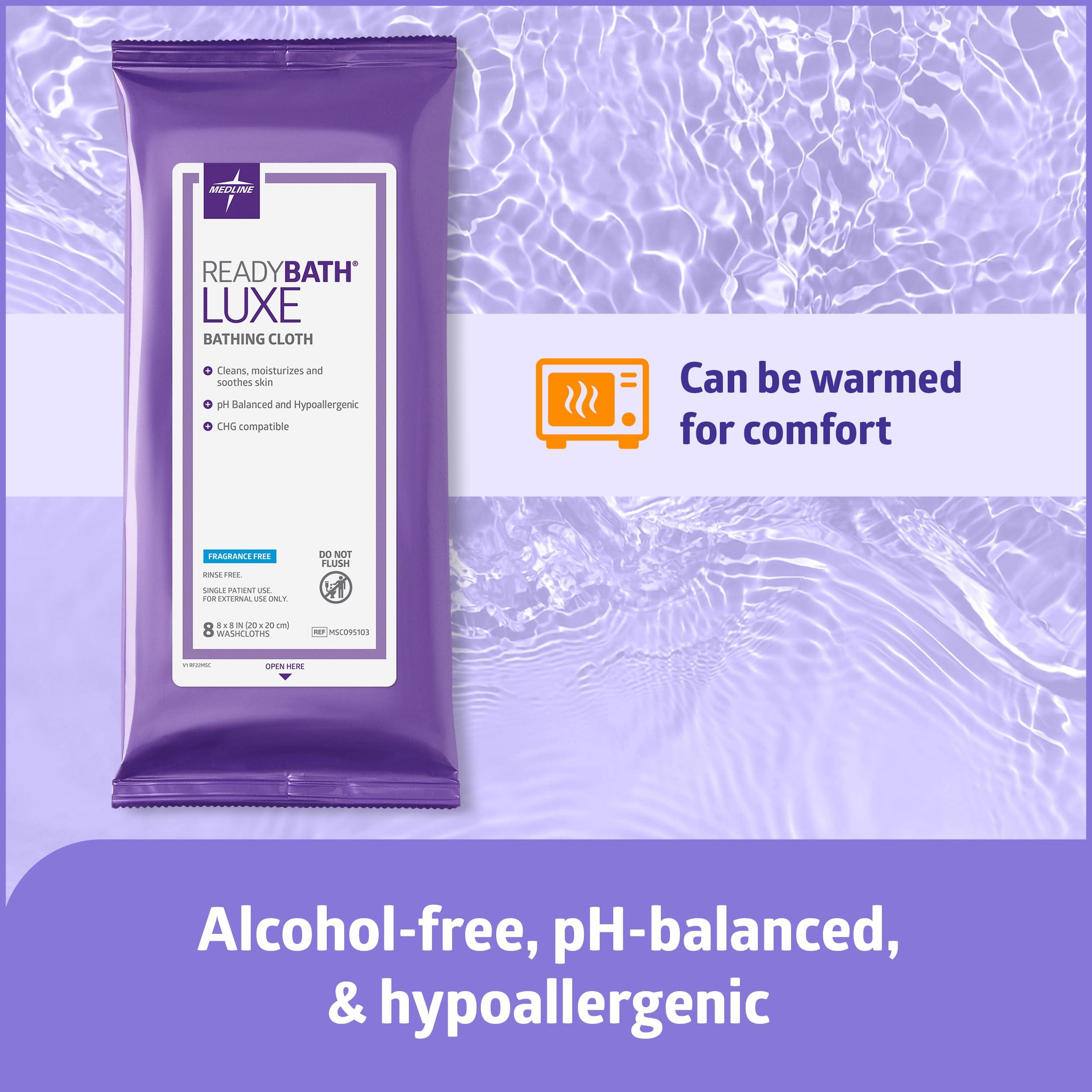 Medline Medline ReadyBath LUXE Extra Thick Adult Bath Wipes, 192 Wipes (8 Wipes, 24 Packs), Unscented, No Rinse Formula with Aloe, Shower Wipes for Sensitive Skin, Hypoallergenic Body Wash Wipes, 8 x 8 Inch