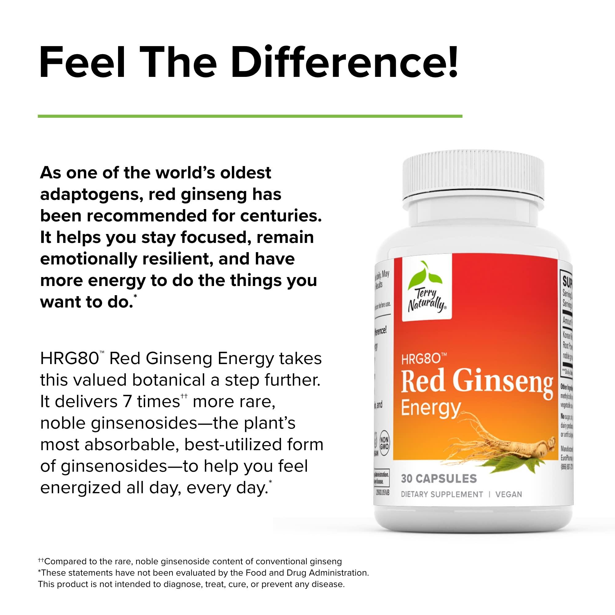 Terry Naturally Terry Naturally HRG80 Red Ginseng Energy - 30 Capsules - Red Ginseng Root Powder, Panax Ginseng, HRG80 - Non-GMO, Vegan, Gluten Free 30 Servings