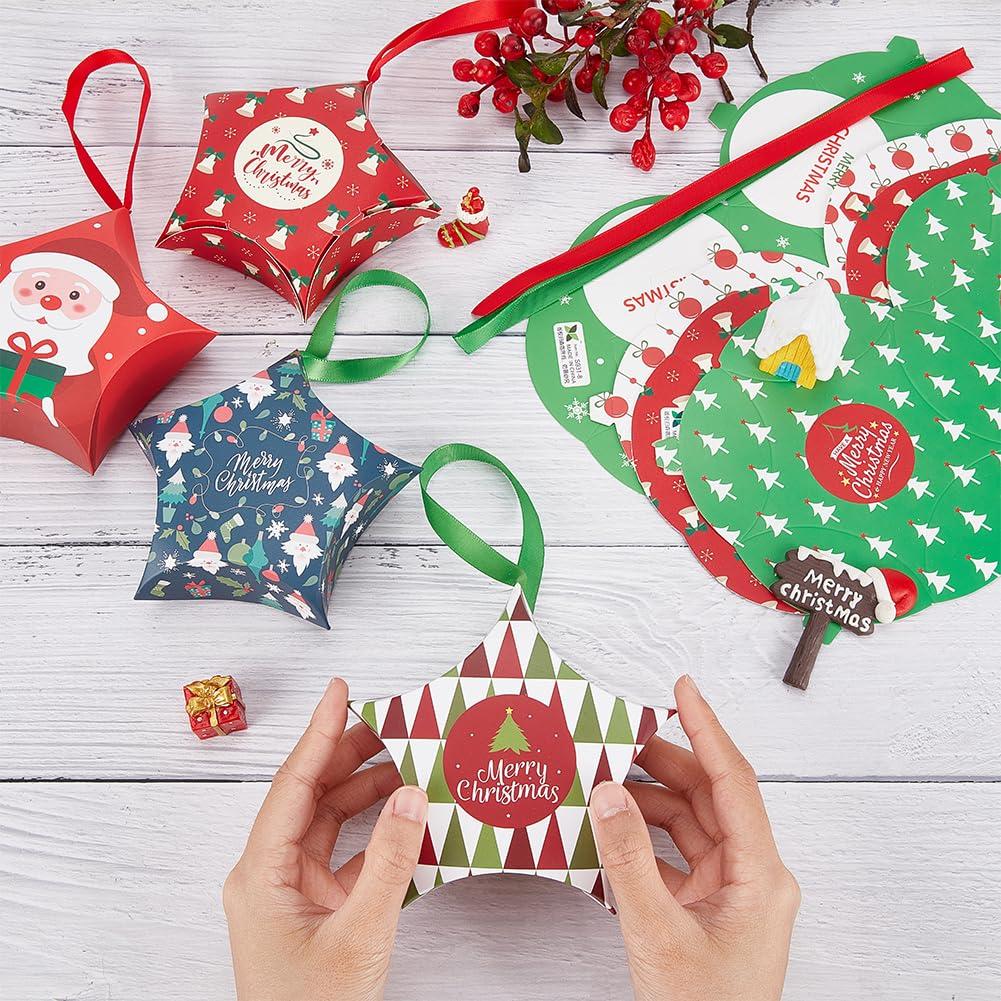 BENECREAT BENECREAT 32Pcs 8 Styles Christmas Star Boxes Santa Claus Candy Boxes Merry Christmas Snowflakes Bells Elk Gift Box with Ribbon for Christmas Party Gifts, 4.7x4.7x1.5inch