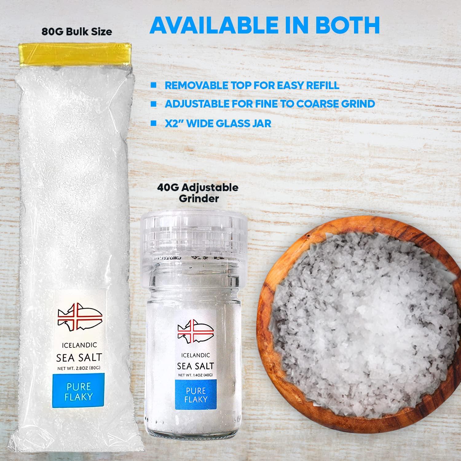 Nordic Catch Icelandic Sea Salt, Less Processed Flaky Salt Container, Mineral Rich Flake Sea Salts with Health Benefits, Sustainably Sourced Flaky Sea Salt for Baking (Pure Flaky, 40g Adjustable Grinder)
