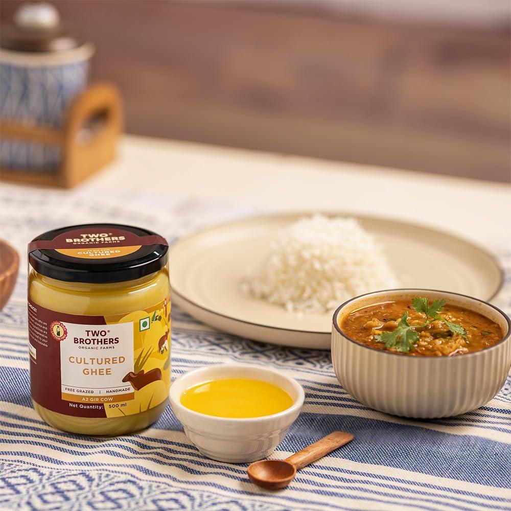 AMOREARTH - NATURAL.HEALTHY.FRESH Two Brothers Organic Farms - Grass Fed A2 Ghee 16 Fl Oz (500ml) | Clarified Butter | Cultured, Desi Gir Cow Ghee | Pasture Raised on Certified Organic Farm | Non-GMO, Lactose-Free, Keto Friendly | Made from Whole Curds in Small Batches | Glass Jar
