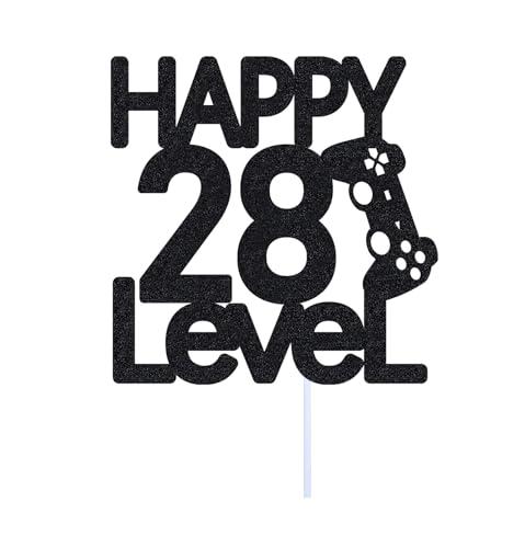 LVUPKFF Level 28th Birthday Cake Topper for Men 28 year Video Game Theme Party Decoration, Handmade, Black