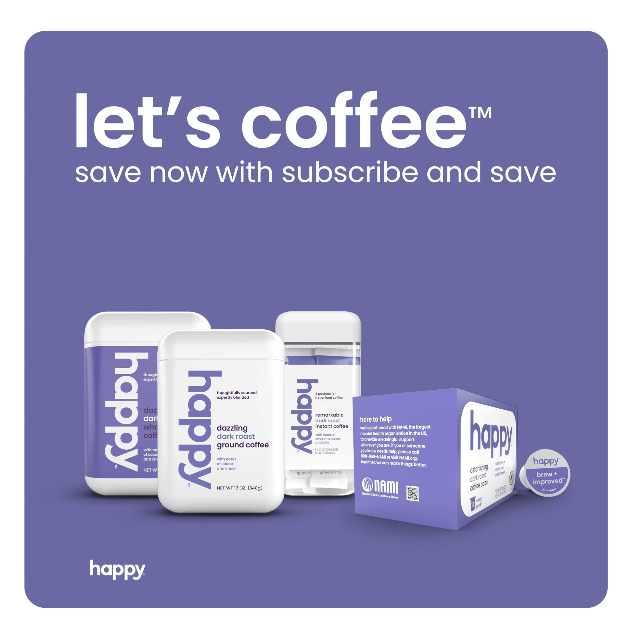 We Are Happy, LLC happy coffee dark roast coffee pods, 10 count, notes of cocoa & contentment, compatible with most K-cup brewers, rainforest alliance certified