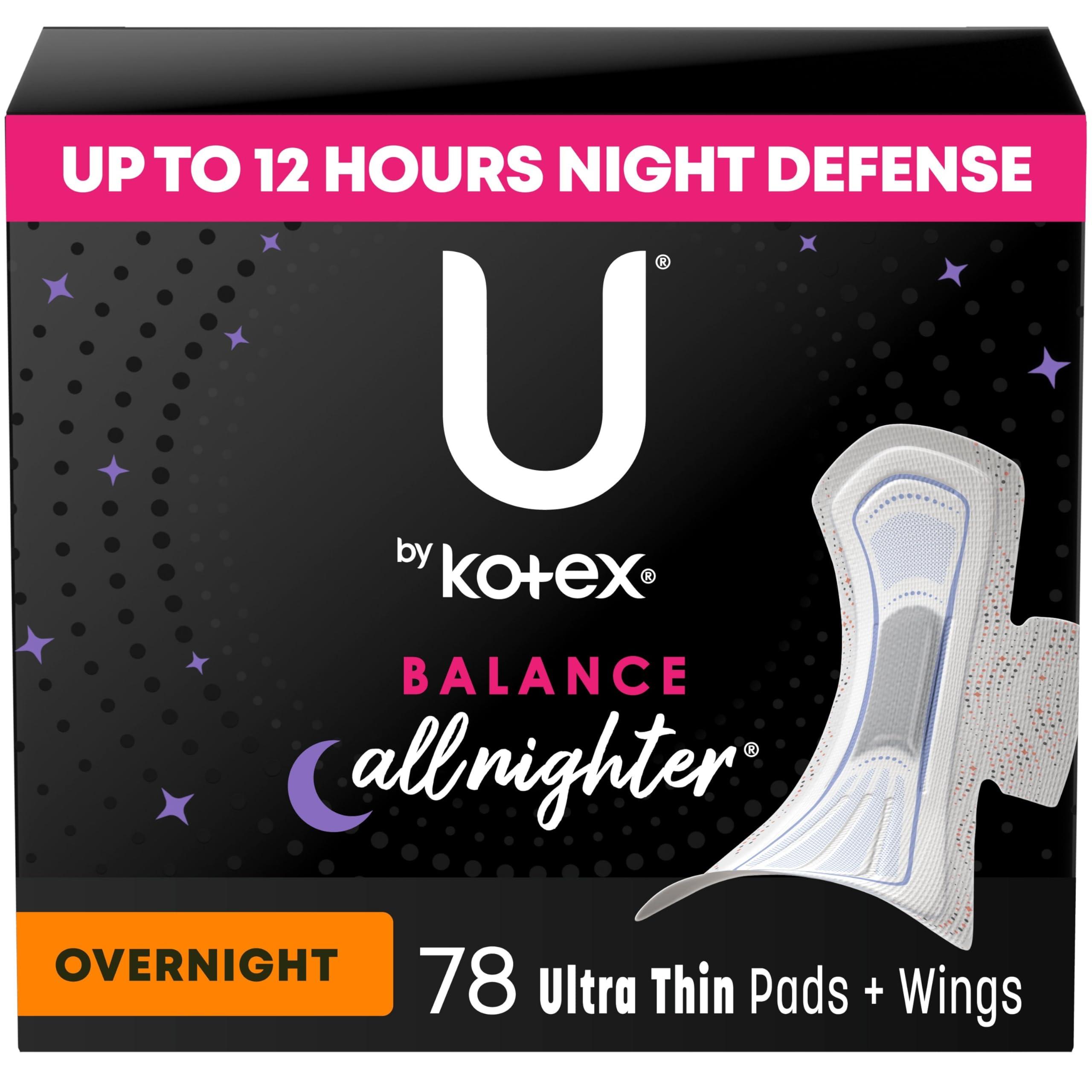 U by Kotex U by Kotex Balance Ultra Thin Overnight Pads with Wings, 78 Count (6 Packs of 13) (Packaging May Vary)