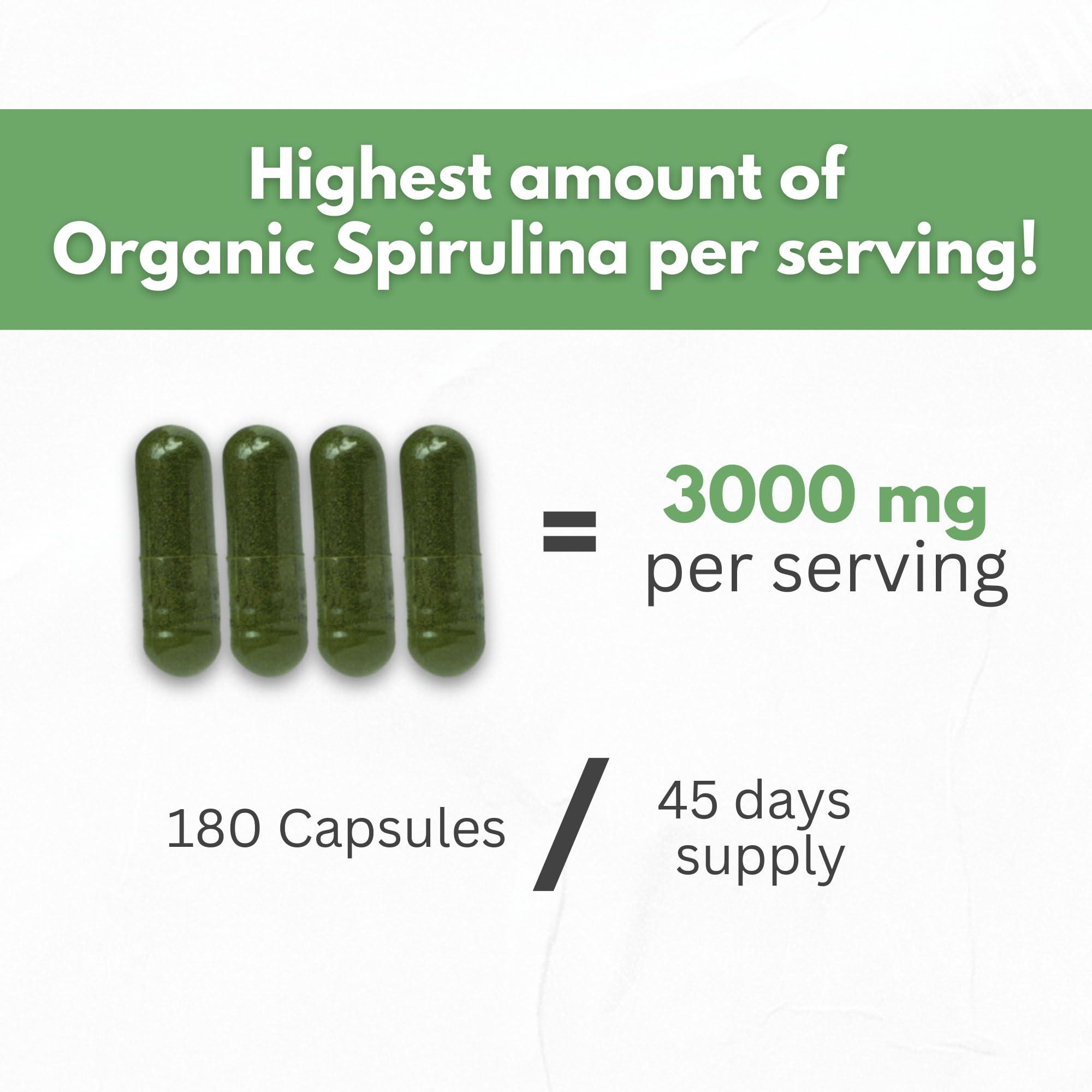 HCL HERBAL CODE LABS Organic Spirulina Powder Capsules 3000 mg - Purest Non-Irradiated Blue Green Algae - Best Raw Vegan Protein - Green Superfood - Natural Multivitamins – 180 Pills Made in The USA