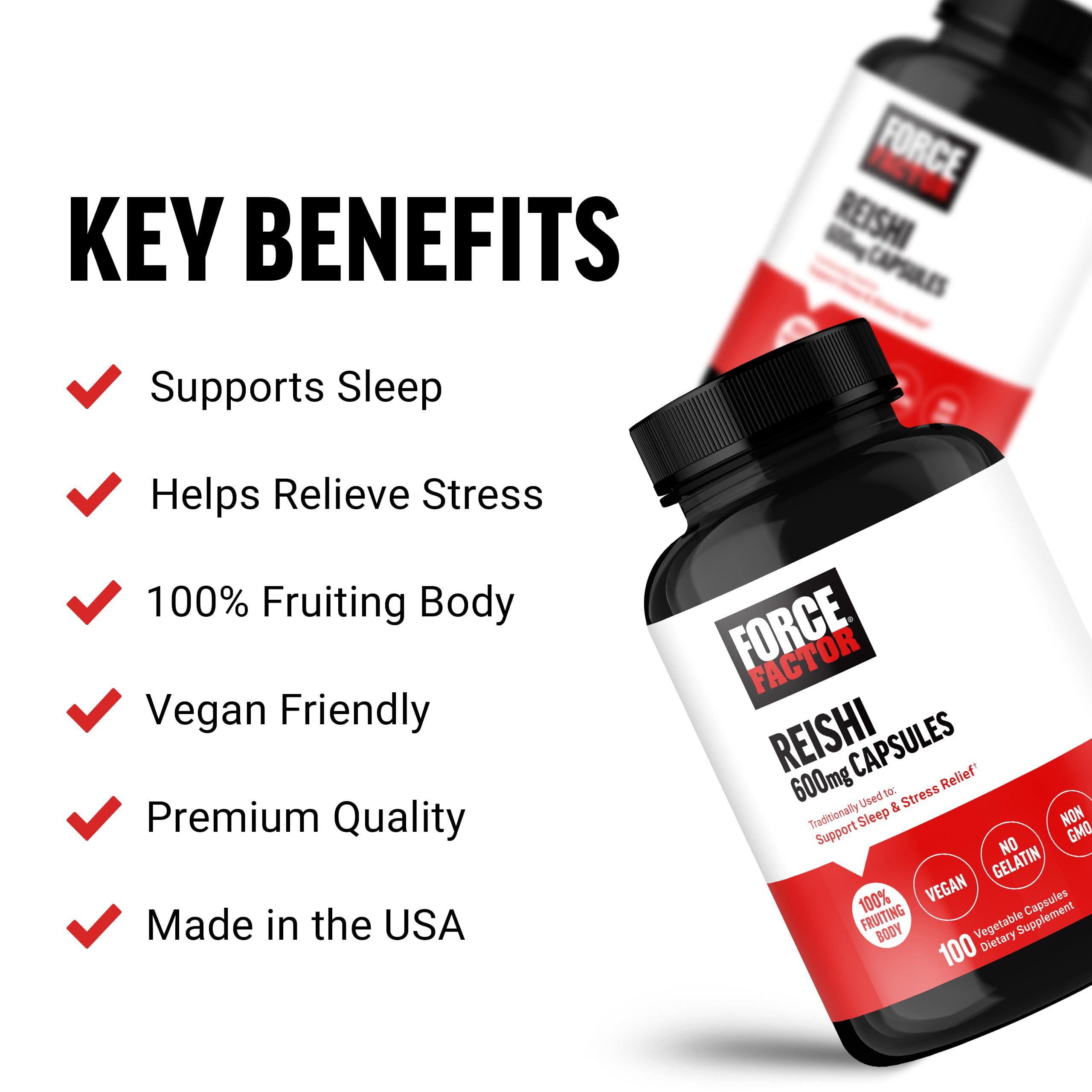 Force Factor FORCE FACTOR Reishi Mushroom Supplement, Stress Relief Supplement and Sleep Support Supplement Made with Reishi Mushroom Extract, Vegan, No Gelatin, Non-GMO, 100 Vegetable Capsules