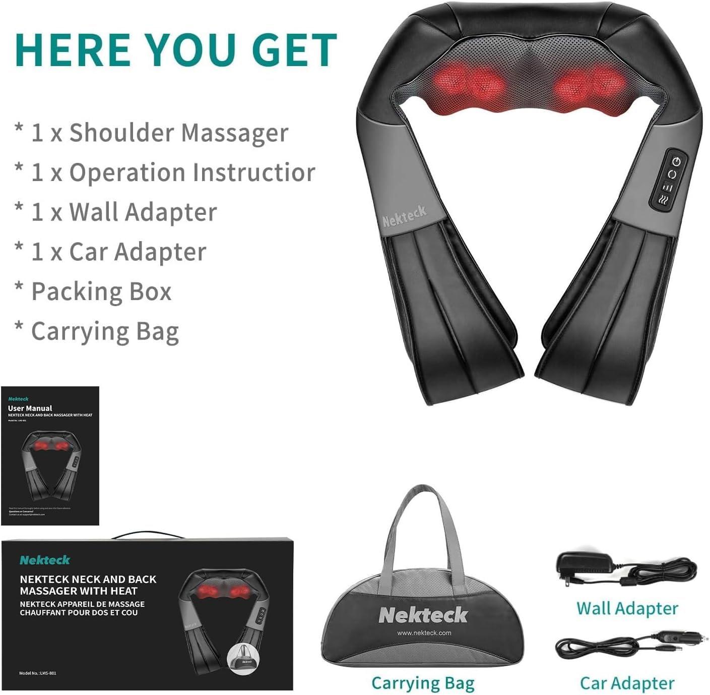 Nekteck Nekteck Shiatsu Neck and Back Massager with Soothing Heat, Electric Deep Tissue 3D Kneading Massage Pillow for Shoulder, Leg, Body Muscle Pain Relief, Home, Office, and Car Use