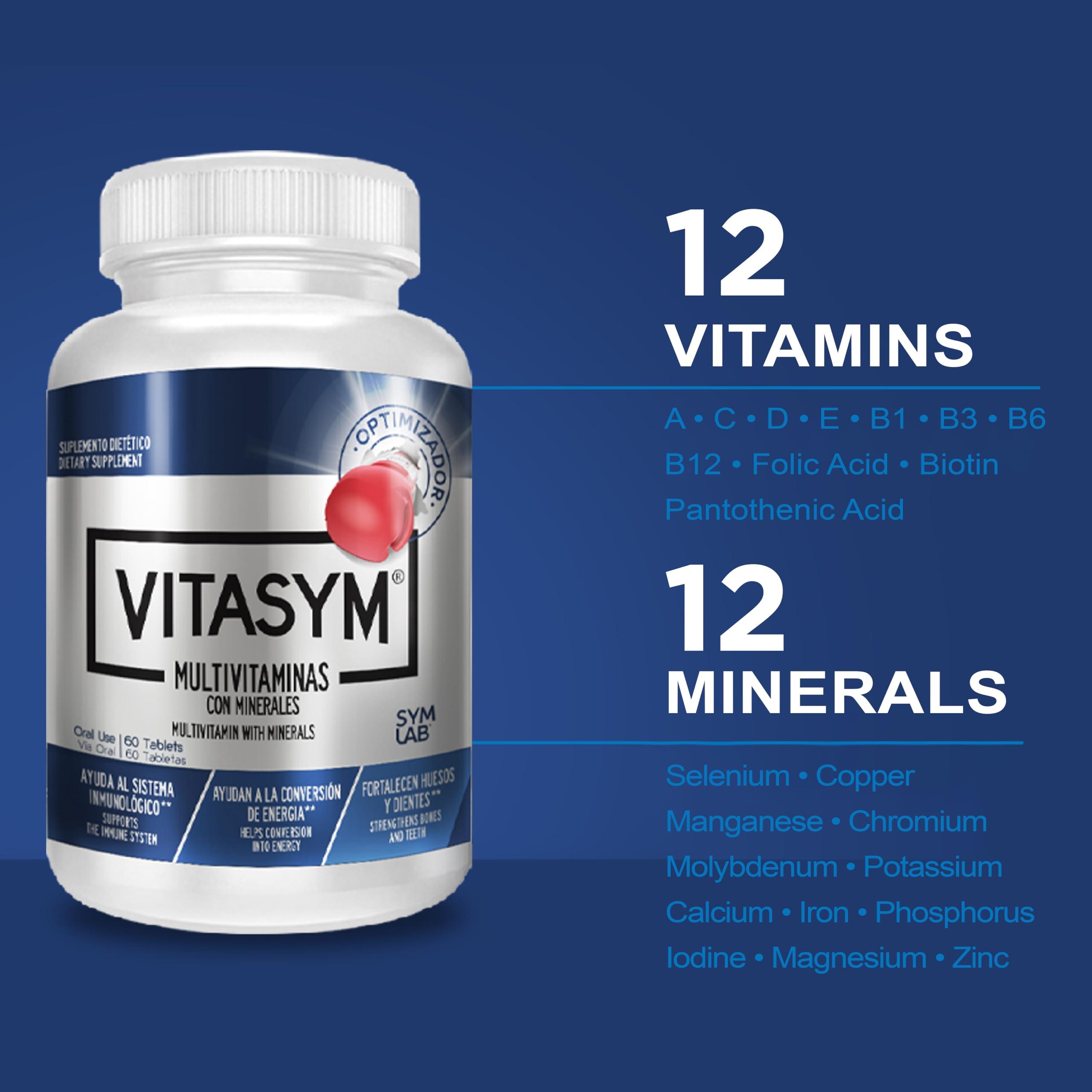 VITASYM VITASYM, multivitamin, Vitamin A, Vitamin C, Vitamin D, Vitamin E, Vitamin B12, Vitamin B6, Calcium, zinc, Phosphorus, Potassium, Iron, Minerals, biotin, thiamine, Magnesium, Chromium, riboflavin.