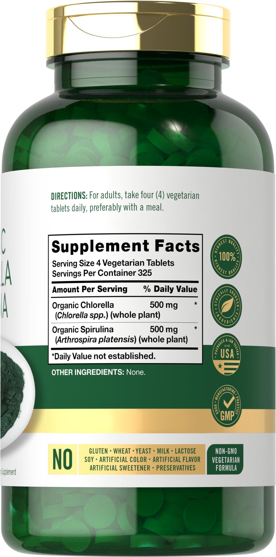 Carlyle Carlyle Organic Chlorella Spirulina Tablets | 1300 Count | 50/50 Blend | Non-GMO and Gluten Free Supplement