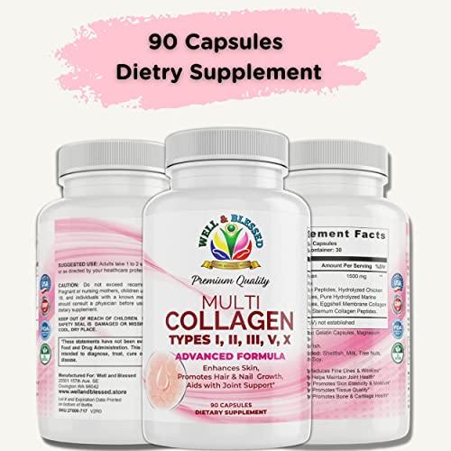 Well and Blessed Multi Premium Collagen Supplements for Women with Vitamin C, E -Tighten Skin, Reduce Wrinkles, Strong Nails, Joints & Hair Growth - Anti Aging Skin Care Supplements for Women -90 Capsules
