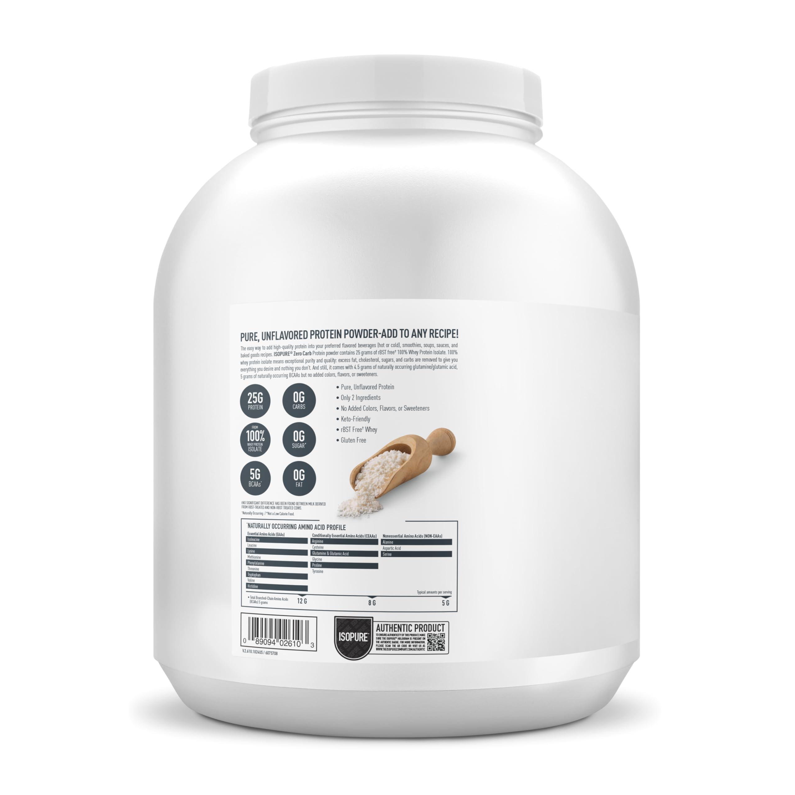 Isopure Isopure Zero Carb 100% Pure Whey Isolate Protein Powder, Lactose Free, Gluten Free, with Vitamins, Unflavored, 25g Protein Per Serving, 4.5 Lbs, 50 Servings