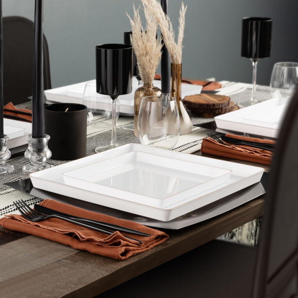 EcoQuality EcoQuality 13\" inch Disposable Square Translucent White Plastic Plates with Gold Rim, China Like Party Plates, Heavy Duty Charger Plate, Dinner, Weddings, Baby Showers, Catering, Non Toxic (4)