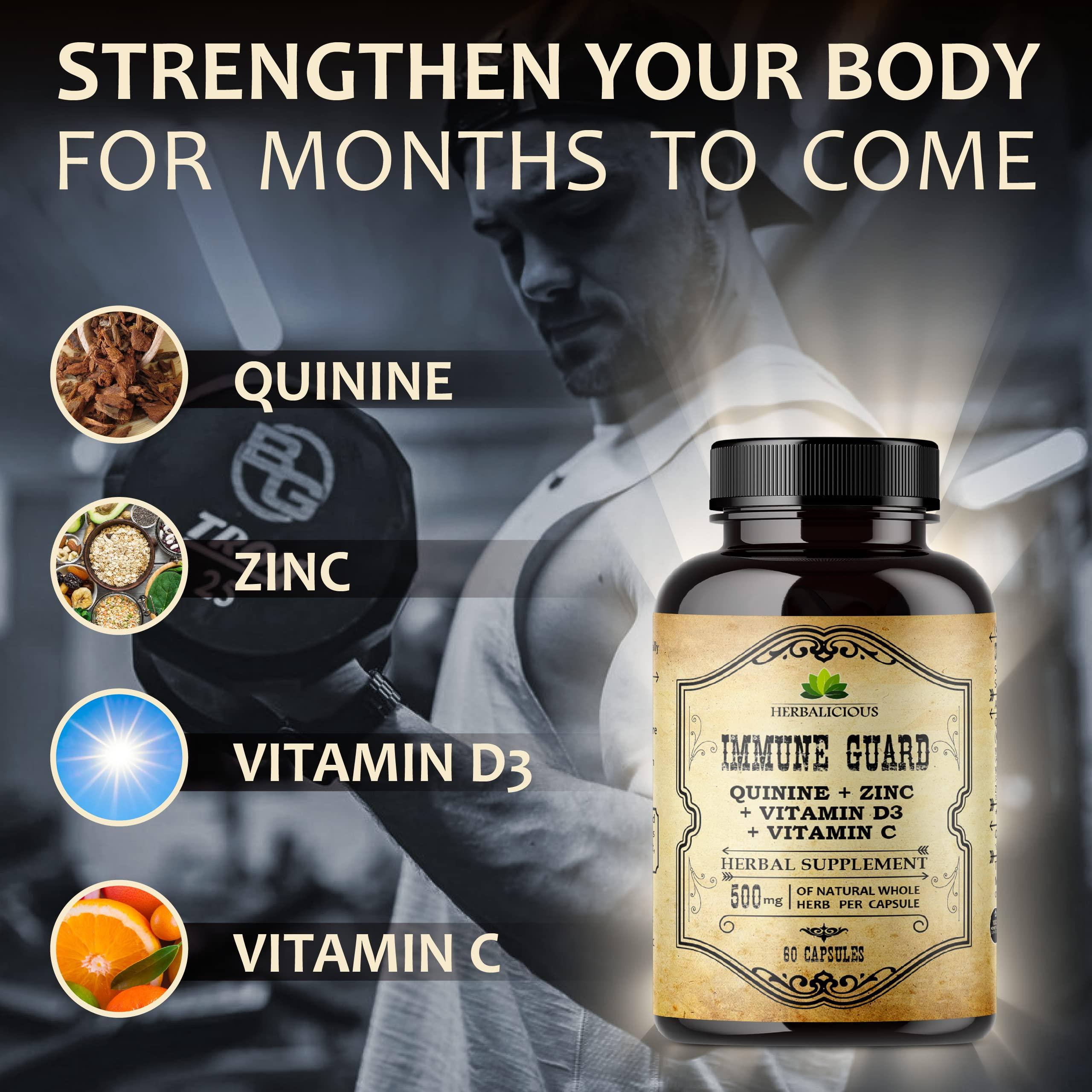 HERBALICIOUS HERBALICIOUS Quinine Immune Guard - Quinine Capsules Supplement with Vitamin C, D3, Zinc - for Muscle Cramps Relief & Stomach Wellness - Non-GMO Cinchona Bark Herbal Supplements - 500mg, 60 Capsules