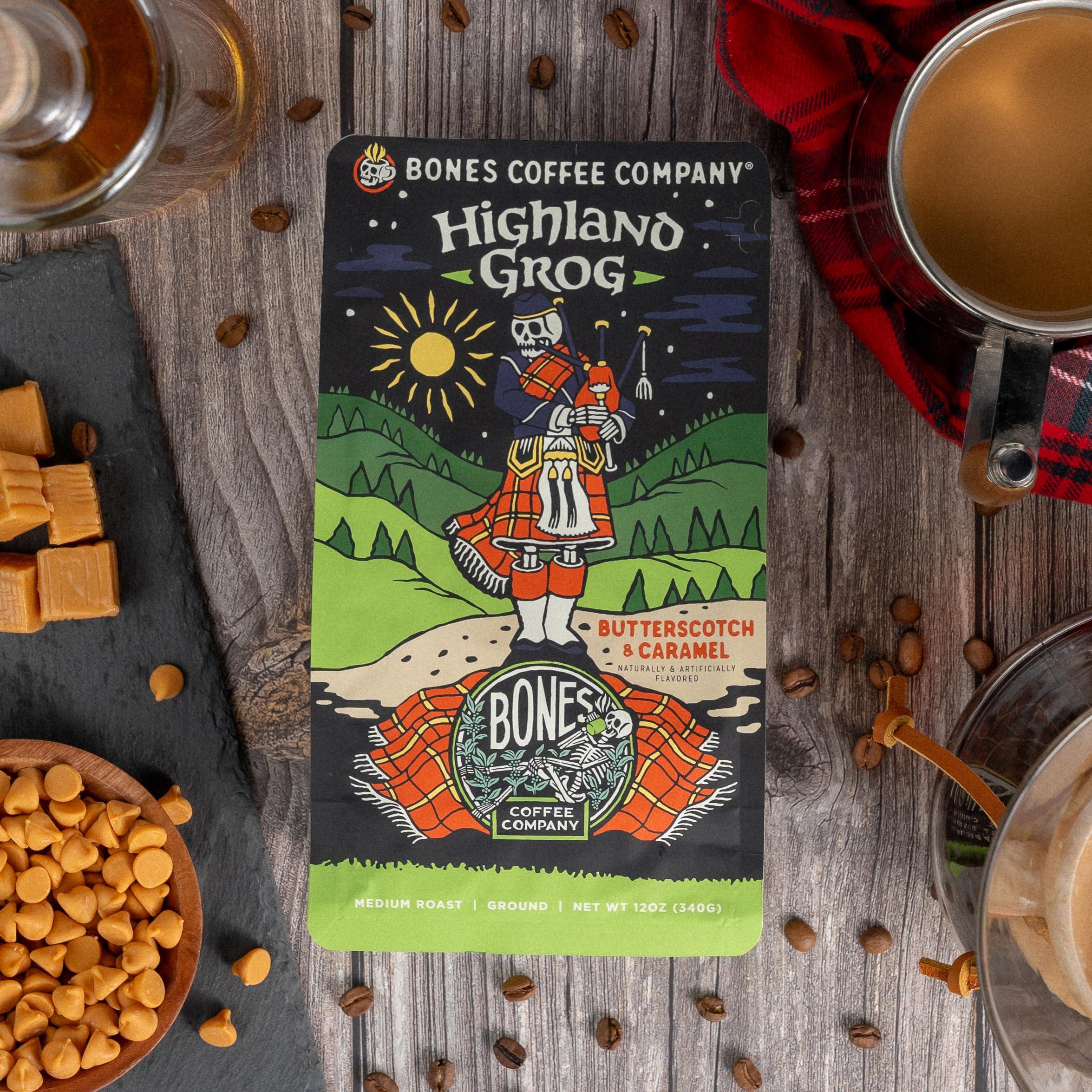 Bones Coffee Company Bones Coffee Company Highland Grog Flavored Coffee Beans, Medium Roast Ground Coffee Low Acid, Butterscotch Caramel Flavor (12 oz)