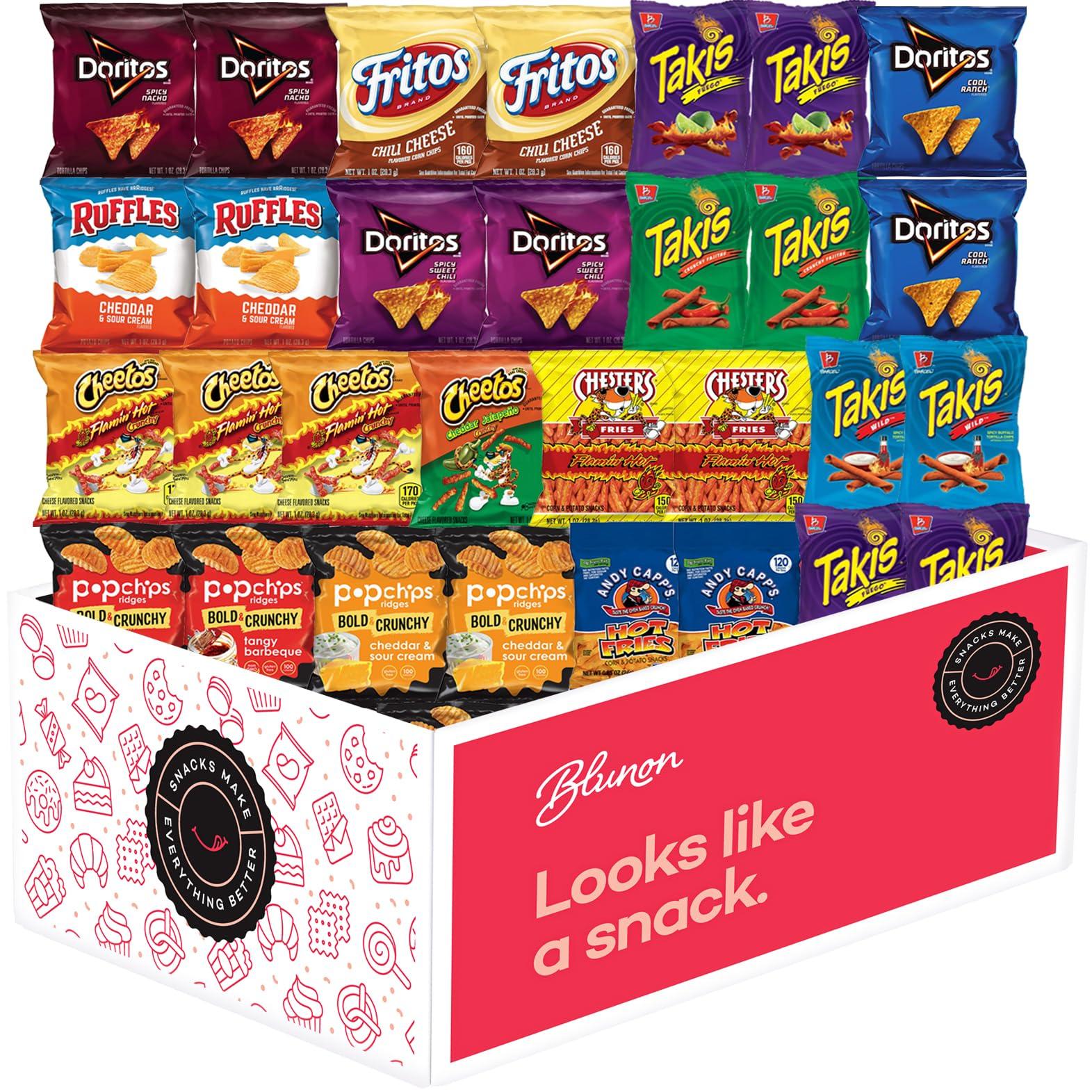 Blunon Hot Chips Snacks Variety Pack for Adults - Fiery Spicy Snack Bag Care Package - Gift Box Bulk Assortment (30 pack)
