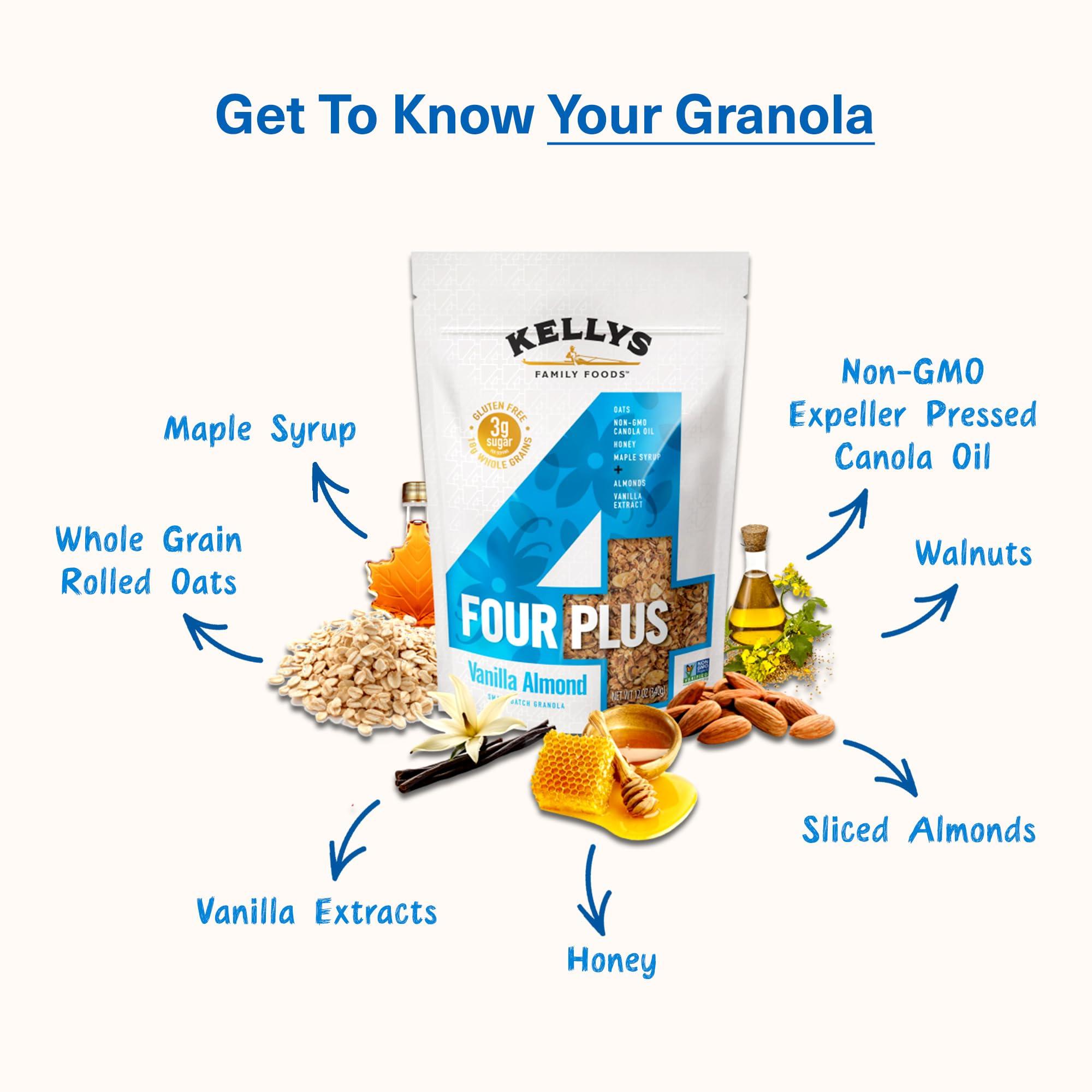 Kelly\'s Four Plus Kelly\'s Four Plus Granola (Vanilla Almond) Granola Cereal with Whole Grain Oats, Honey, Maple Syrup - Non-GMO, Low Sugar, Sodium Free and Gluten Free Granola for Yogurt - 12oz