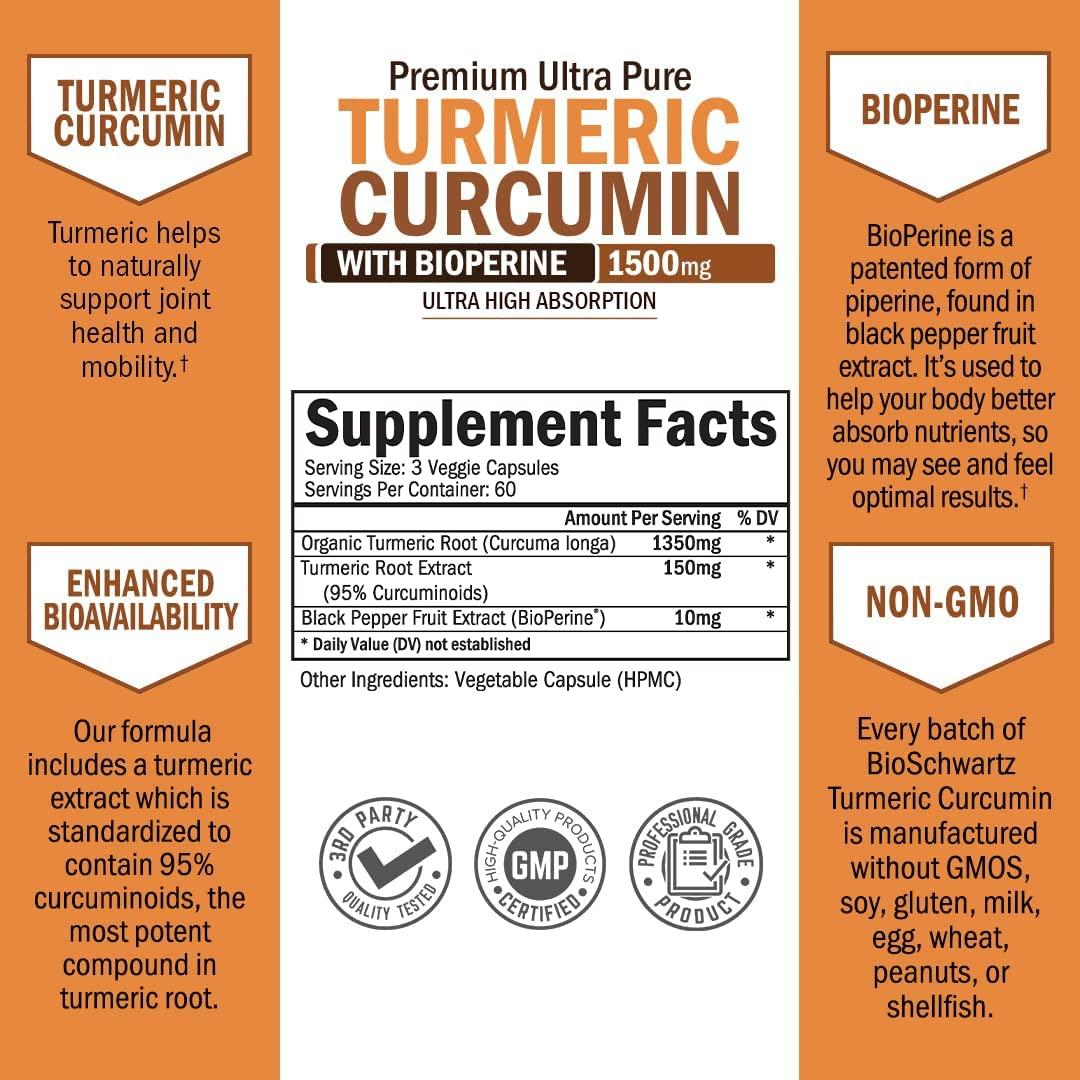 BioSchwartz Turmeric Curcumin with Black Pepper Extract 1500mg Complex (2 Month Supply) Plus High Absorption Magnesium Bisglycinate Capsules (4 Month Supply)