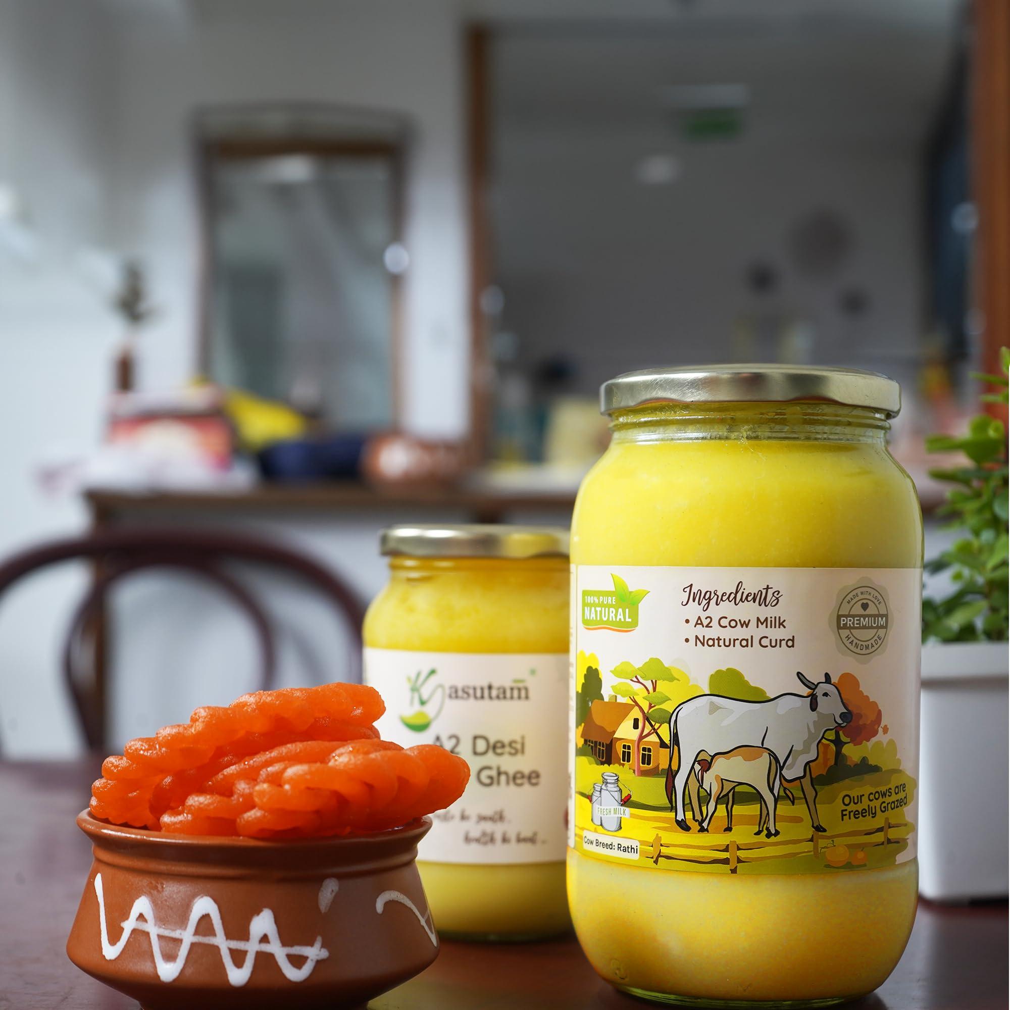 Kasutam Kasutam A2 Desi Cow Bilona Ghee Made By Traditional Vedic Bilona Method Made In Earthen Pot & Hand Churned Free Grazing Grass Fed Cow Ghee Immunity Booster Glass Jar- 1000 Ml