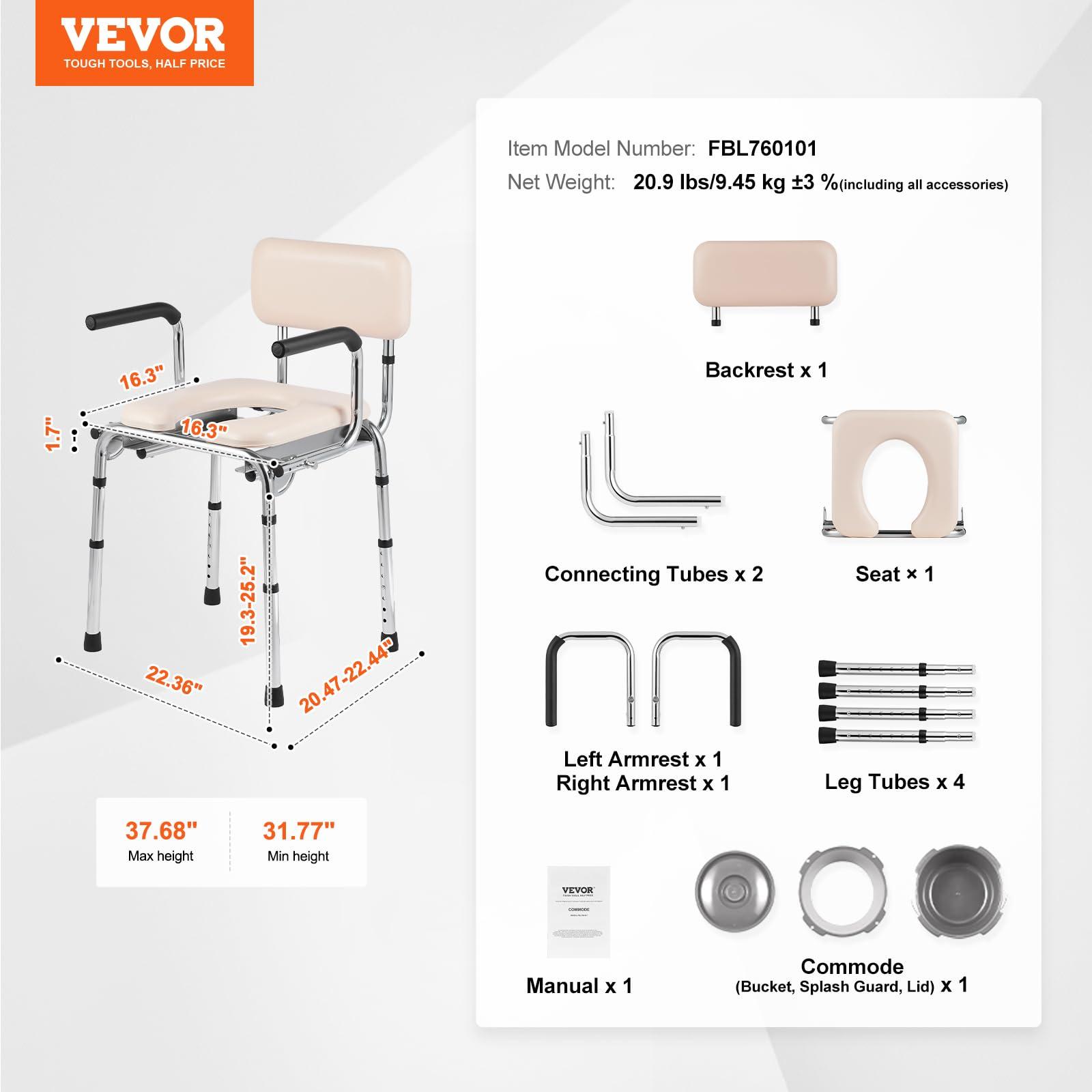 VEVOR VEVOR Commode Chair, Bedside Commode with Padded Seat, Drop-Down Arms, 7-Level Adjustable Height, 5.8L Removable Bucket, Easy to Assemble, 350LBS Capacity, Portable Toilet for Adults Seniors