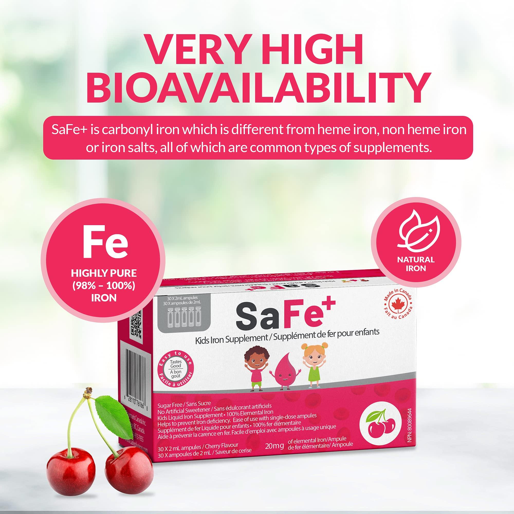 SaFe+ SaFe+ Liquid Iron for Children | Great Tasting Cherry Flavor | Easy to Use 20mg/2mL Iron per ampule | 30 Unit-Doses (2 ml Each) I Sugar Free & Allergen Free I Maintain Physical & Mental Wellbeing