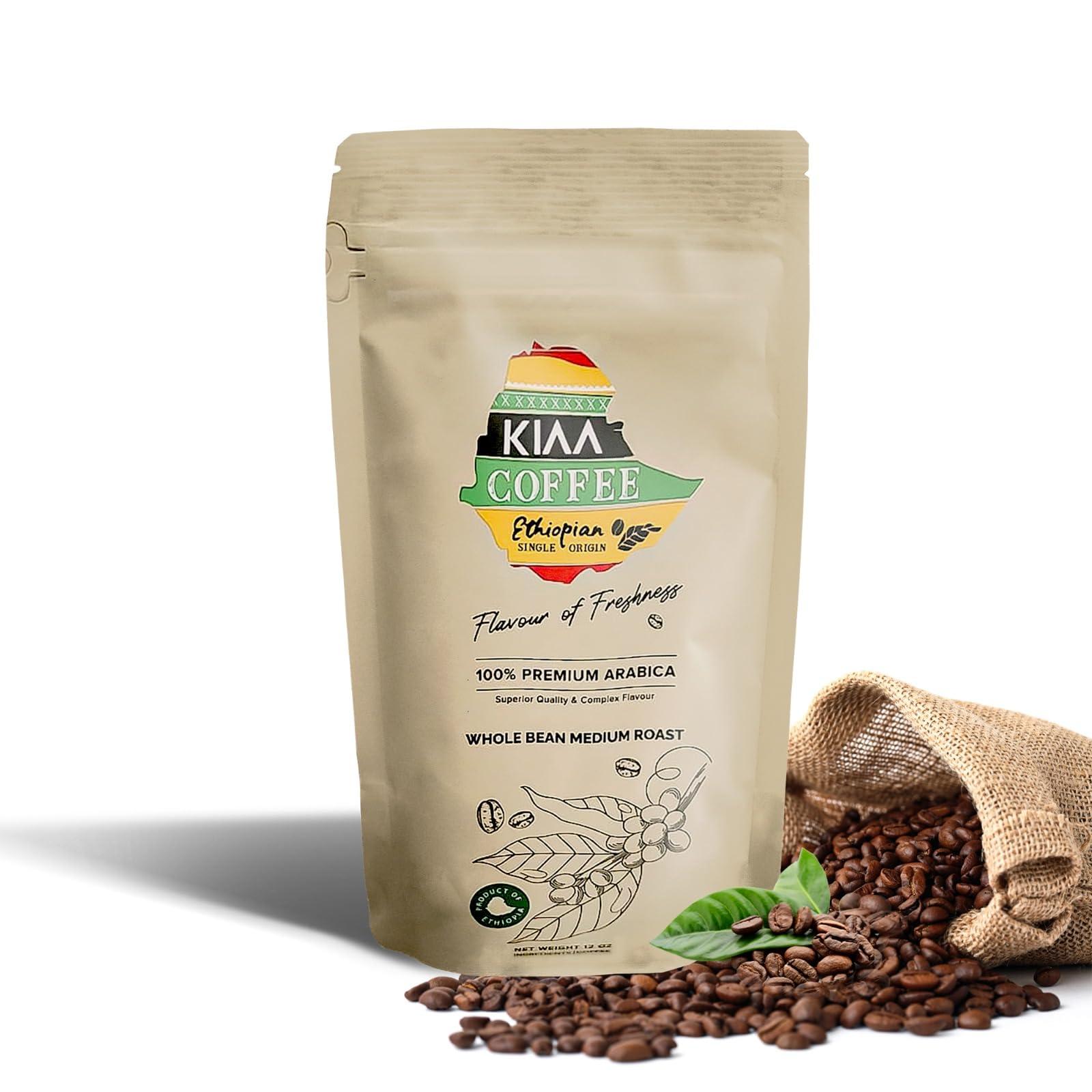 KIAA COFFEE ETHIOPIAN SINGLE ORIGIN Ethiopian Premium Whole Bean Medium Roast Coffee 12oz, 100% Organic Arabica, Full-Bodied Bold Flavor, Rich & Smooth, Perfect for Espresso, French Press & Drip Brewing, Freshly Roasted