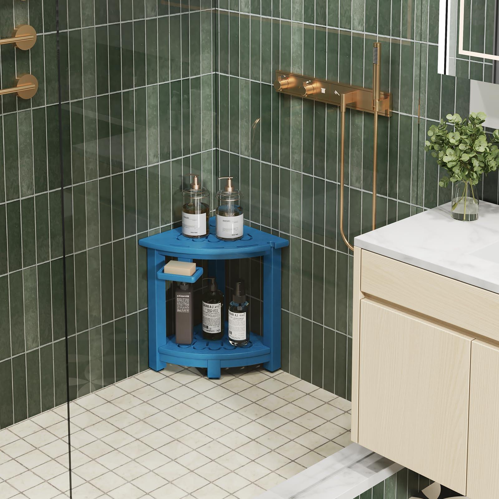 nalone nalone Corner Shower Stool, HDPE Shower Bench for Inside Shower, Small Shower Chair Seat for Shaving Legs with Storage Shelf, Soap Box and No-Slip Feet (Navy Blue)