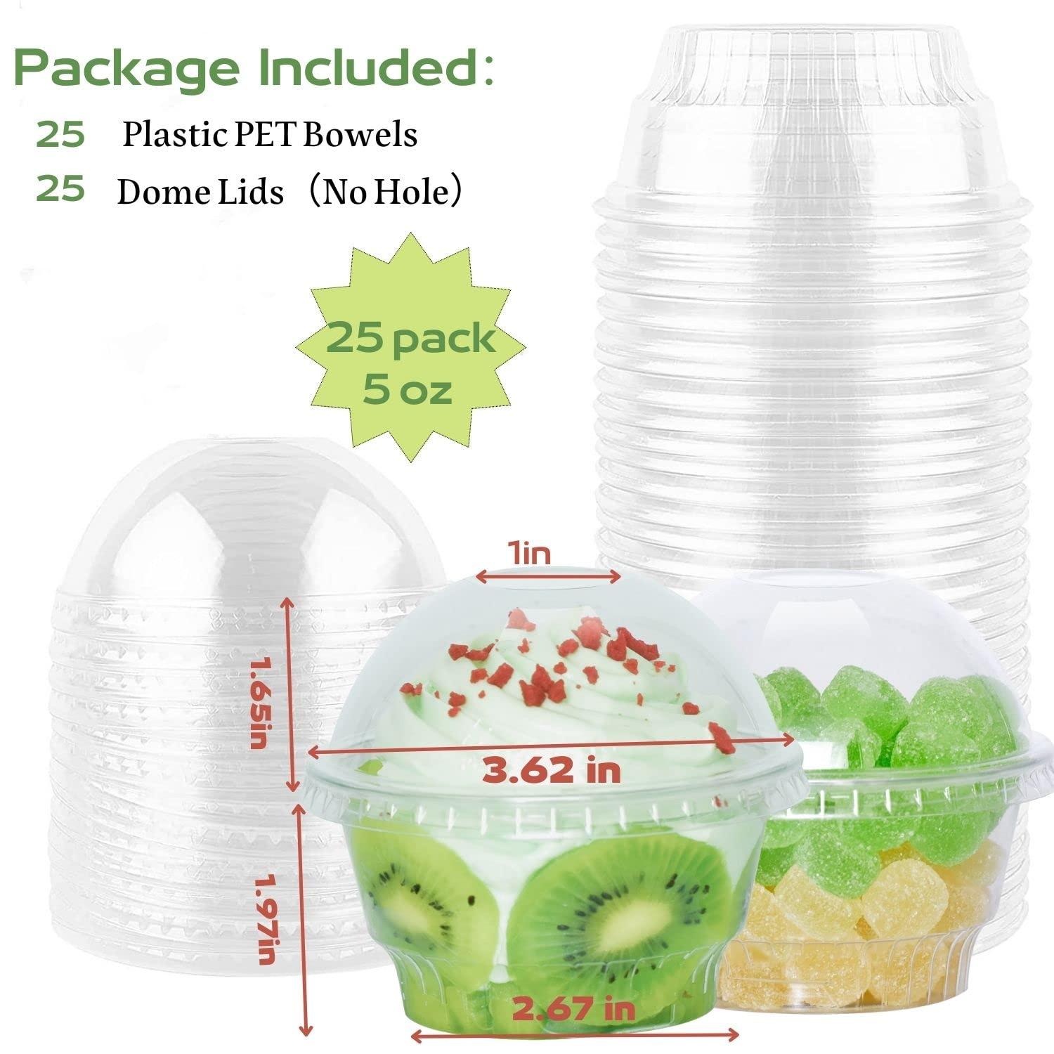 botogift botogift 5 oz Clear Plastic Dessert Cups with Dome Lids (25Sets) - Disposable Snack Bowls (No Hole) for Cereal Parfait, Yogurt, Fruit, Cupcakes, Pudding and Jello at Party
